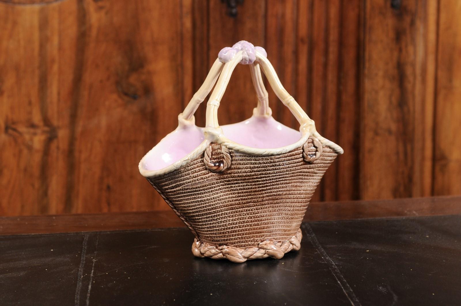 French 19th Century Majolica Porcelain Wicker Style Basket with Pink Glaze 9