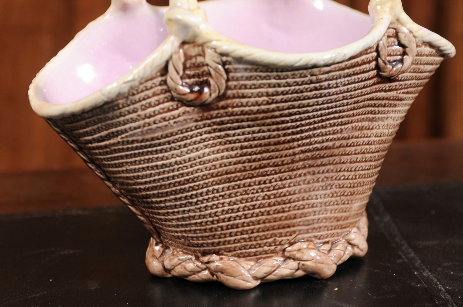 French 19th Century Majolica Porcelain Wicker Style Basket with Pink Glaze 11