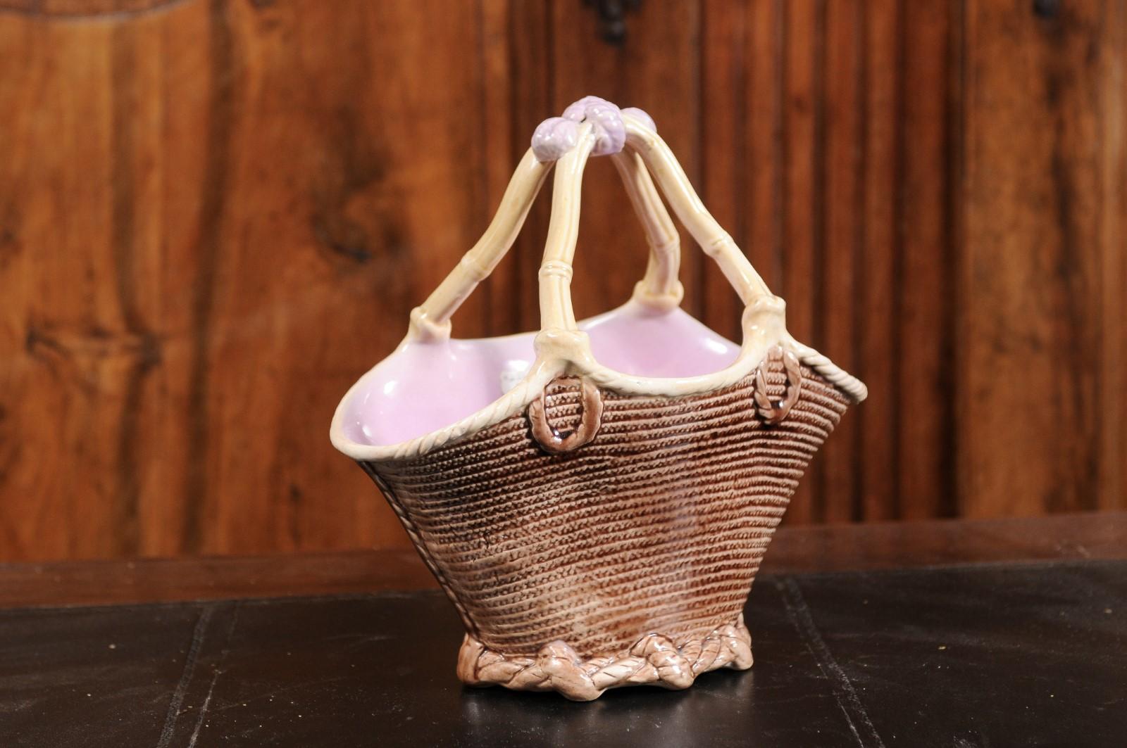 French 19th Century Majolica Porcelain Wicker Style Basket with Pink Glaze 1