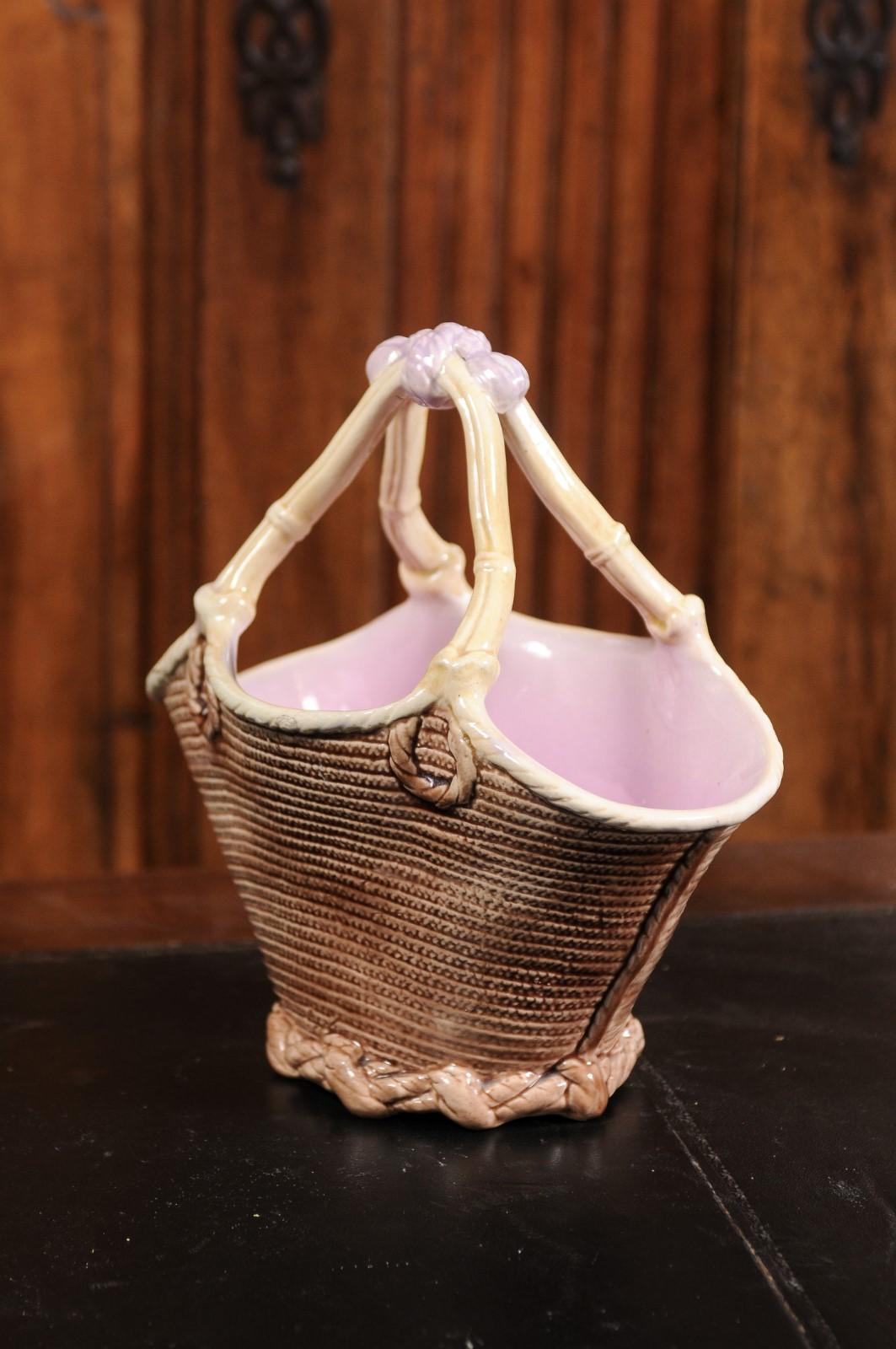 French 19th Century Majolica Porcelain Wicker Style Basket with Pink Glaze 3