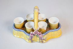 French 19th Century Majolica Porcelain Yellow Glazed Basket with Six Egg Cups