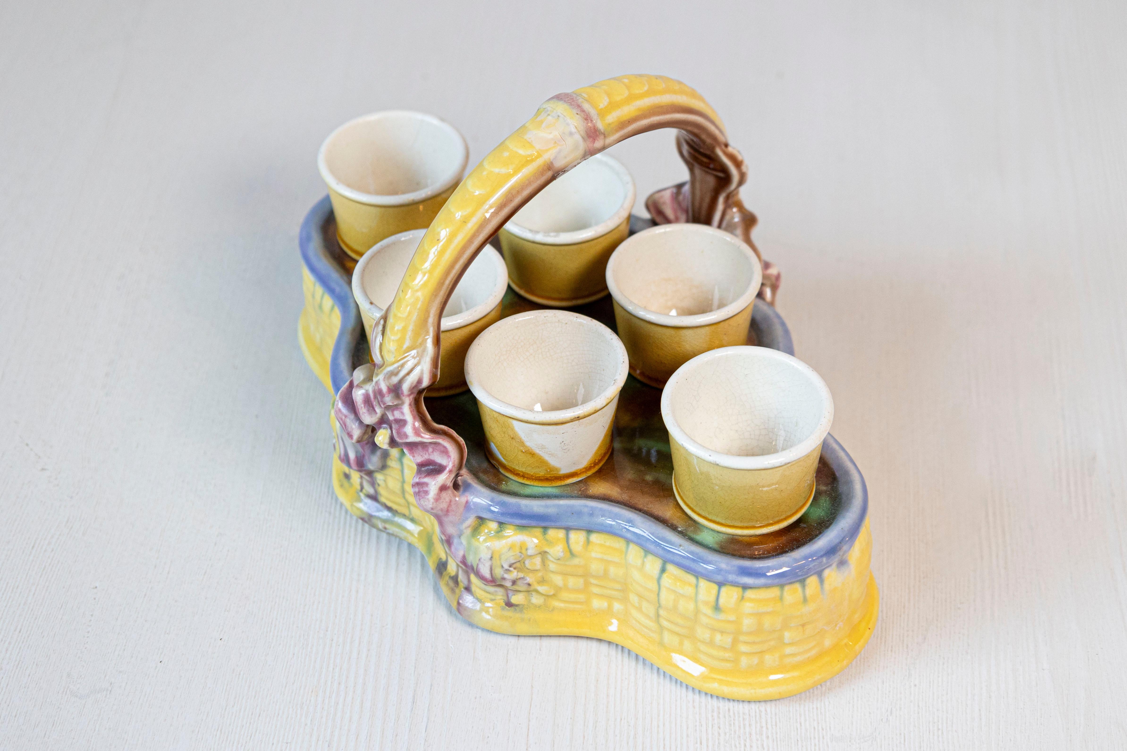 French 19th Century Majolica Porcelain Yellow Glazed Basket with Six Egg Cups In Good Condition For Sale In Atlanta, GA