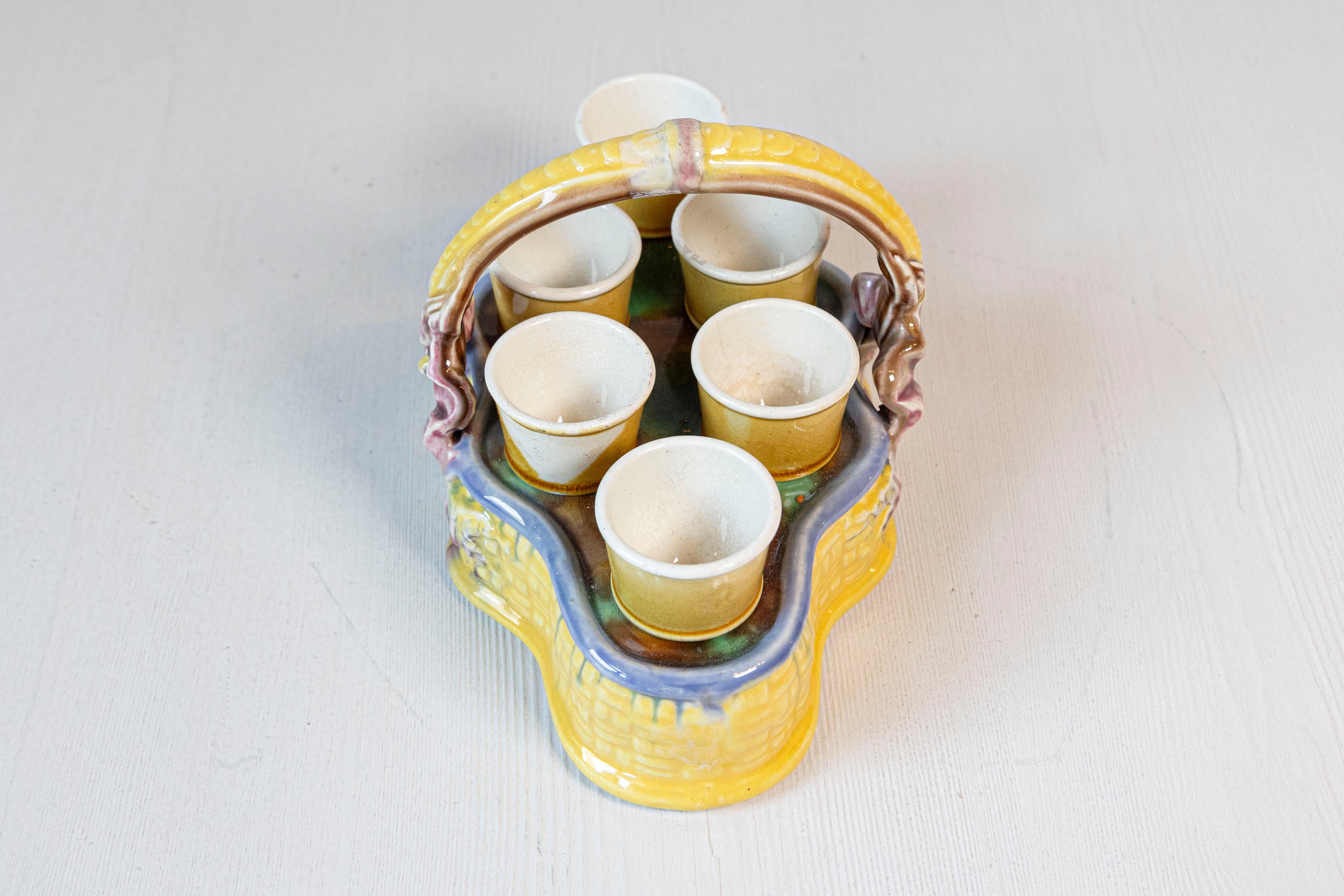French 19th Century Majolica Porcelain Yellow Glazed Basket with Six Egg Cups For Sale 1