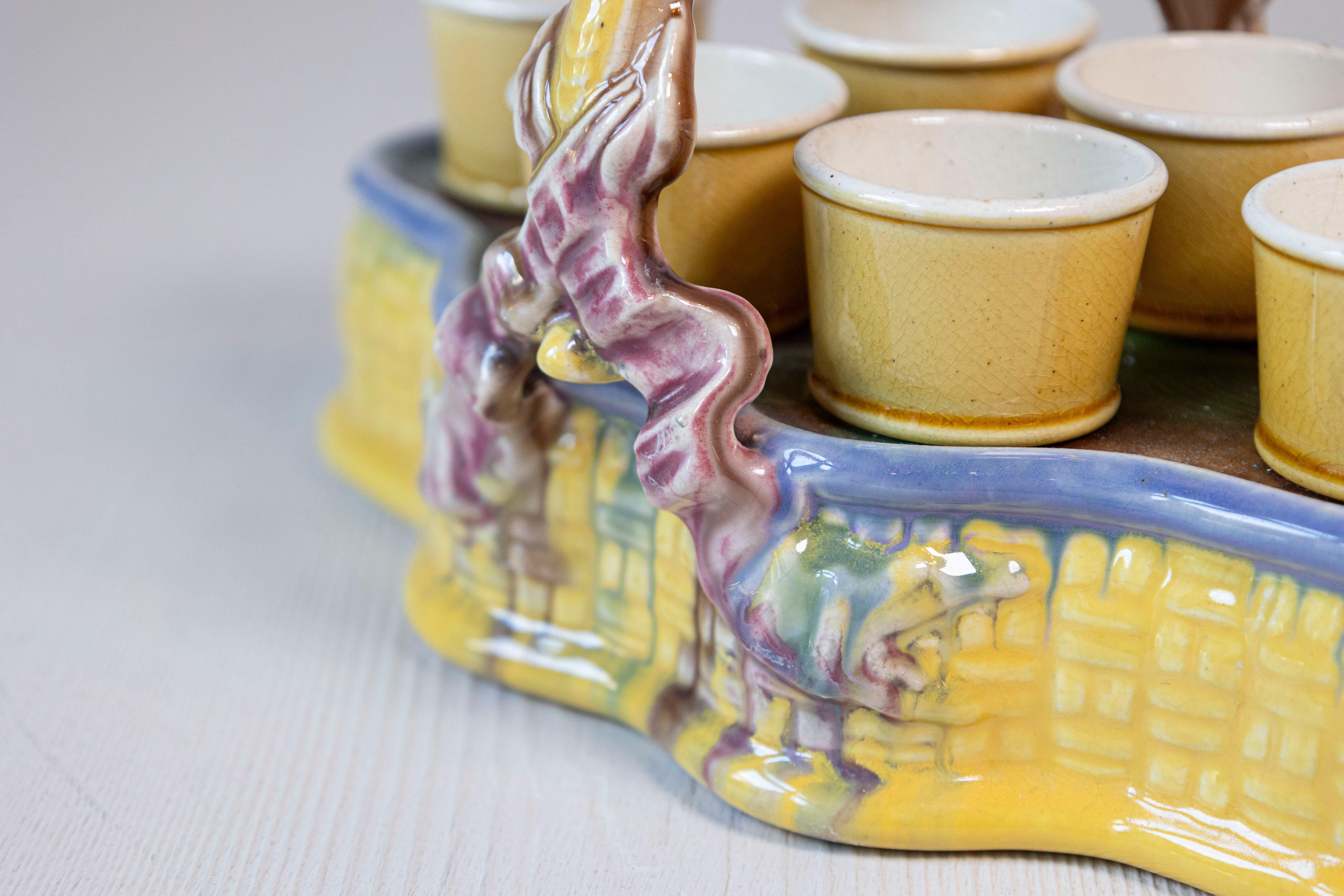 French 19th Century Majolica Porcelain Yellow Glazed Basket with Six Egg Cups For Sale 2