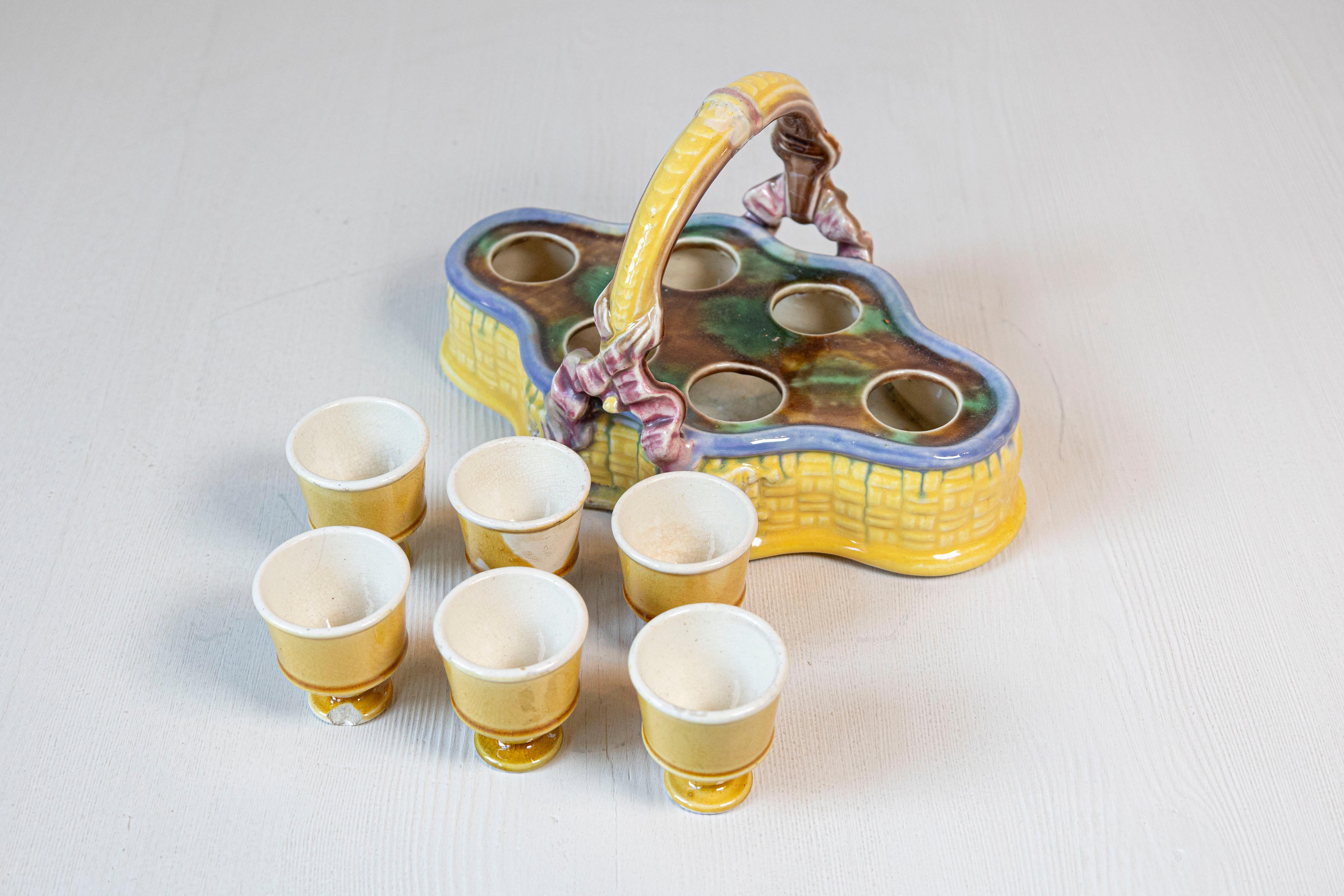 French 19th Century Majolica Porcelain Yellow Glazed Basket with Six Egg Cups For Sale 3