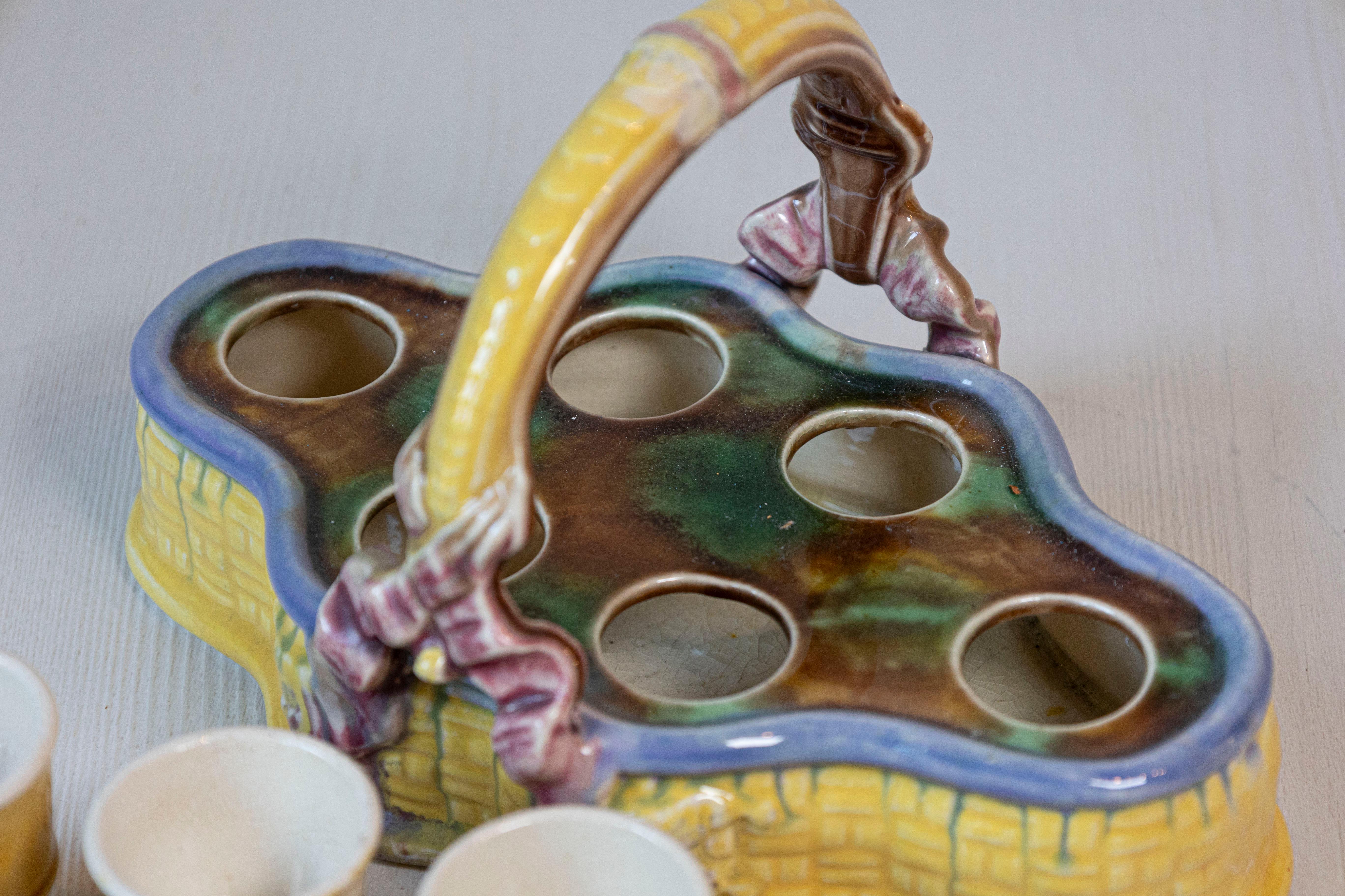 French 19th Century Majolica Porcelain Yellow Glazed Basket with Six Egg Cups For Sale 4