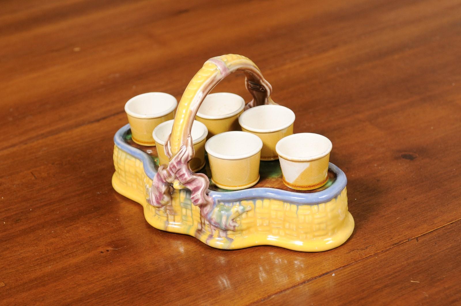 French 19th Century Majolica Porcelain Yellow Glazed Basket with Six Egg Cups For Sale 4