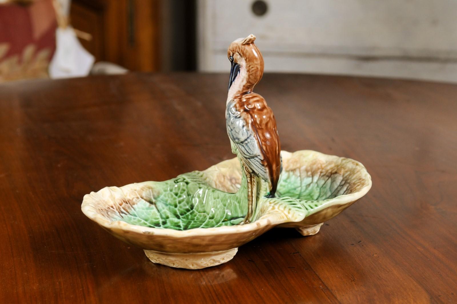 French 19th Century Majolica Two Part Serving Tray with Grey Heron Motif 2