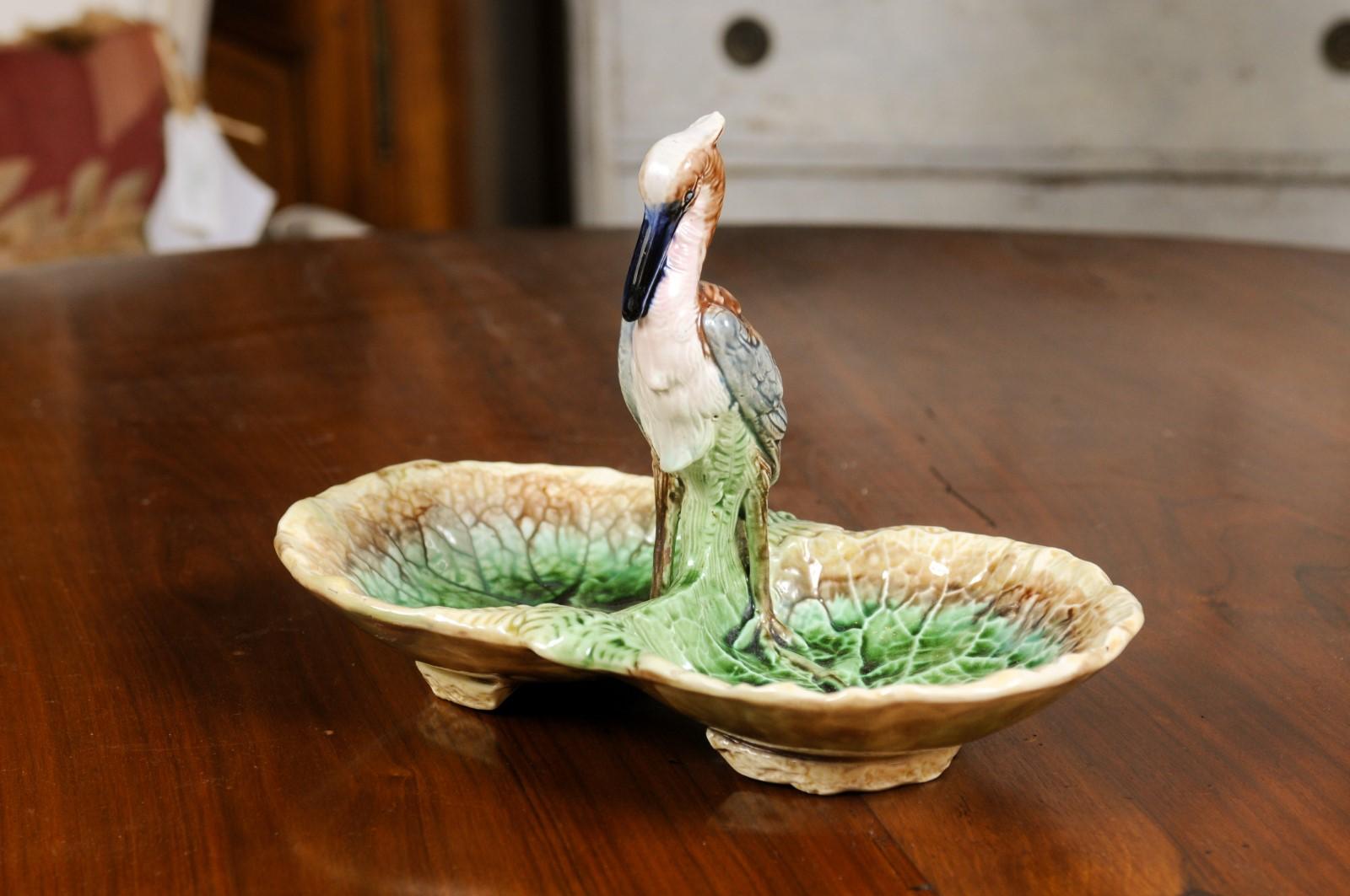 French 19th Century Majolica Two Part Serving Tray with Grey Heron Motif 3