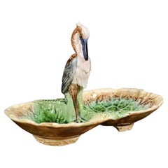 French 19th Century Majolica Two Part Serving Tray with Grey Heron Motif
