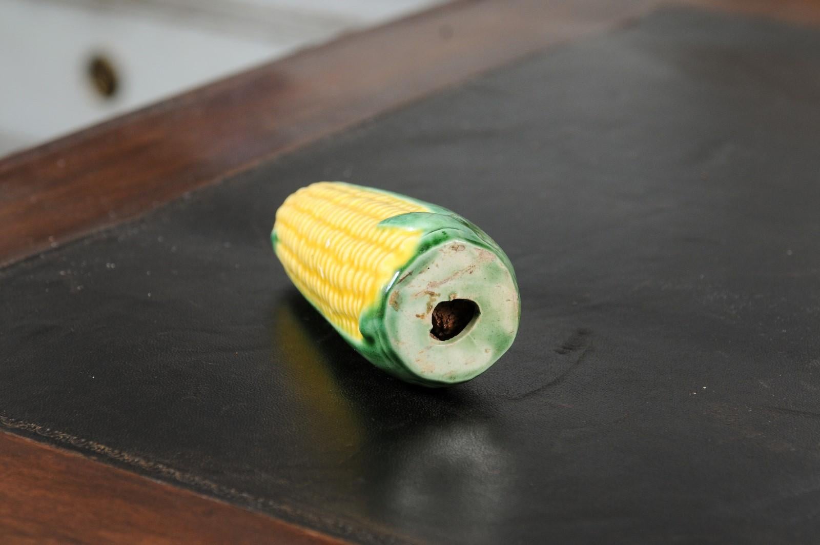 French 19th Century Majolica Yellow and Green Corn Shaped Salt Shaker 8