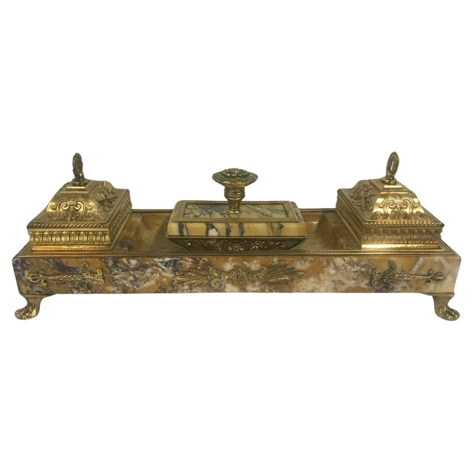 French 19th Century Marble and Bronze Inkwell and Blotter For Sale