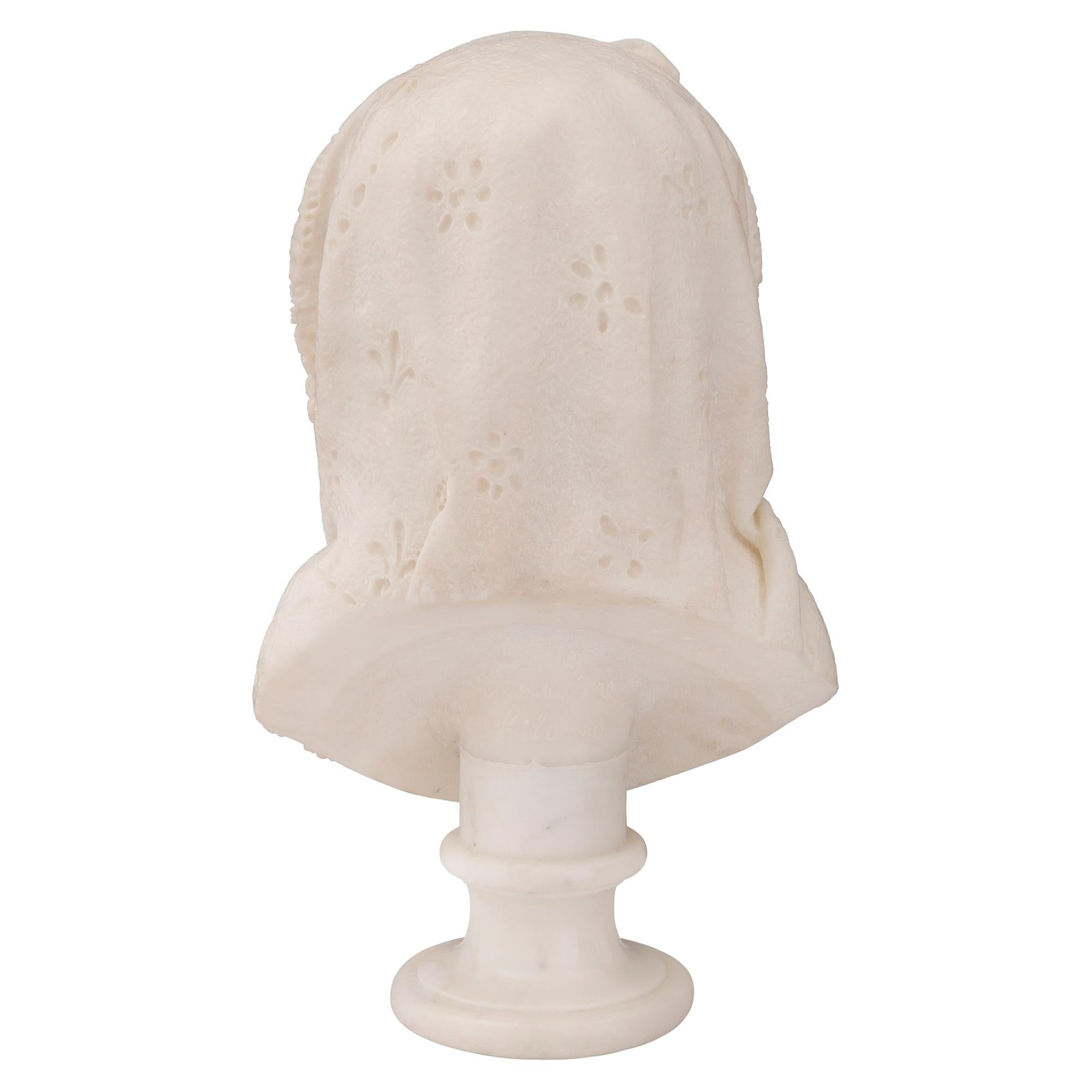 Carrara Marble French 19th Century Marble Bust of a Young Girl, Signed Zanatone Milano For Sale