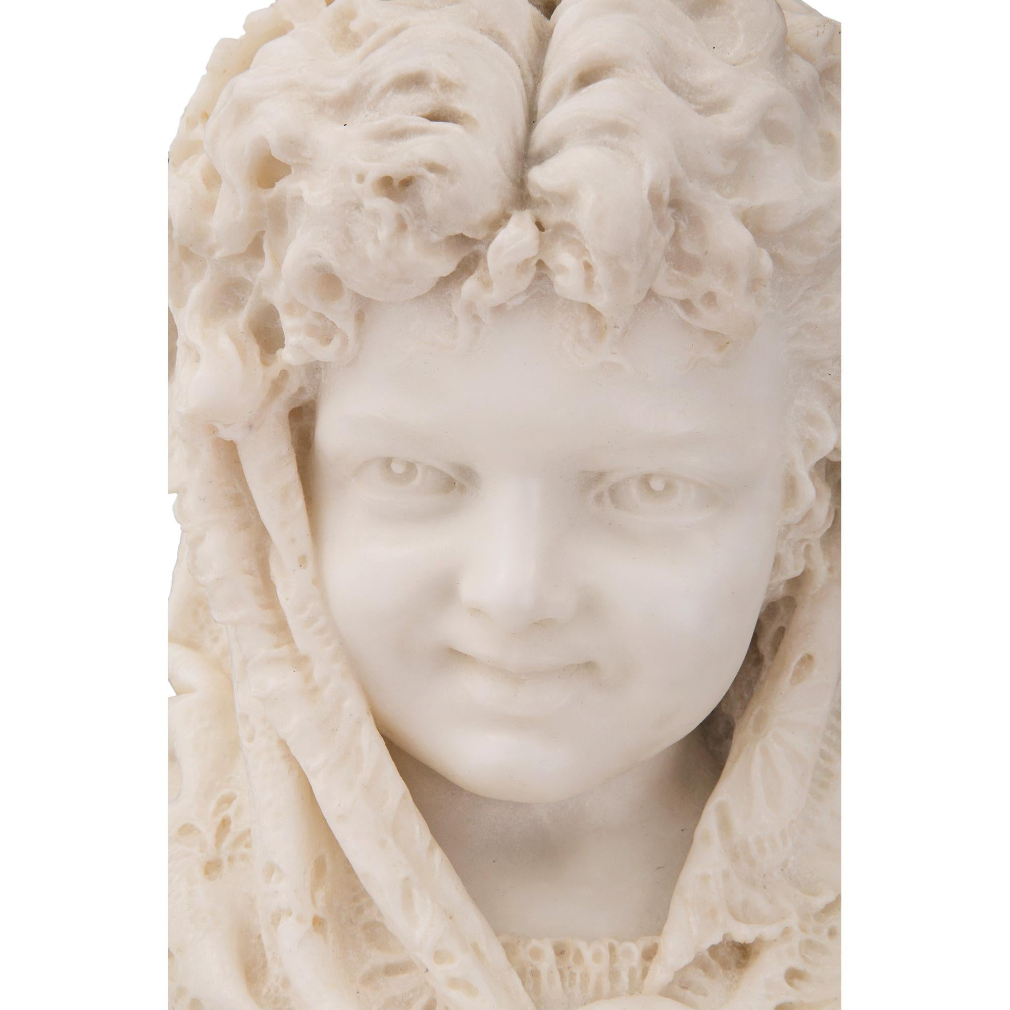 French 19th Century Marble Bust of a Young Girl, Signed Zanatone Milano For Sale 3