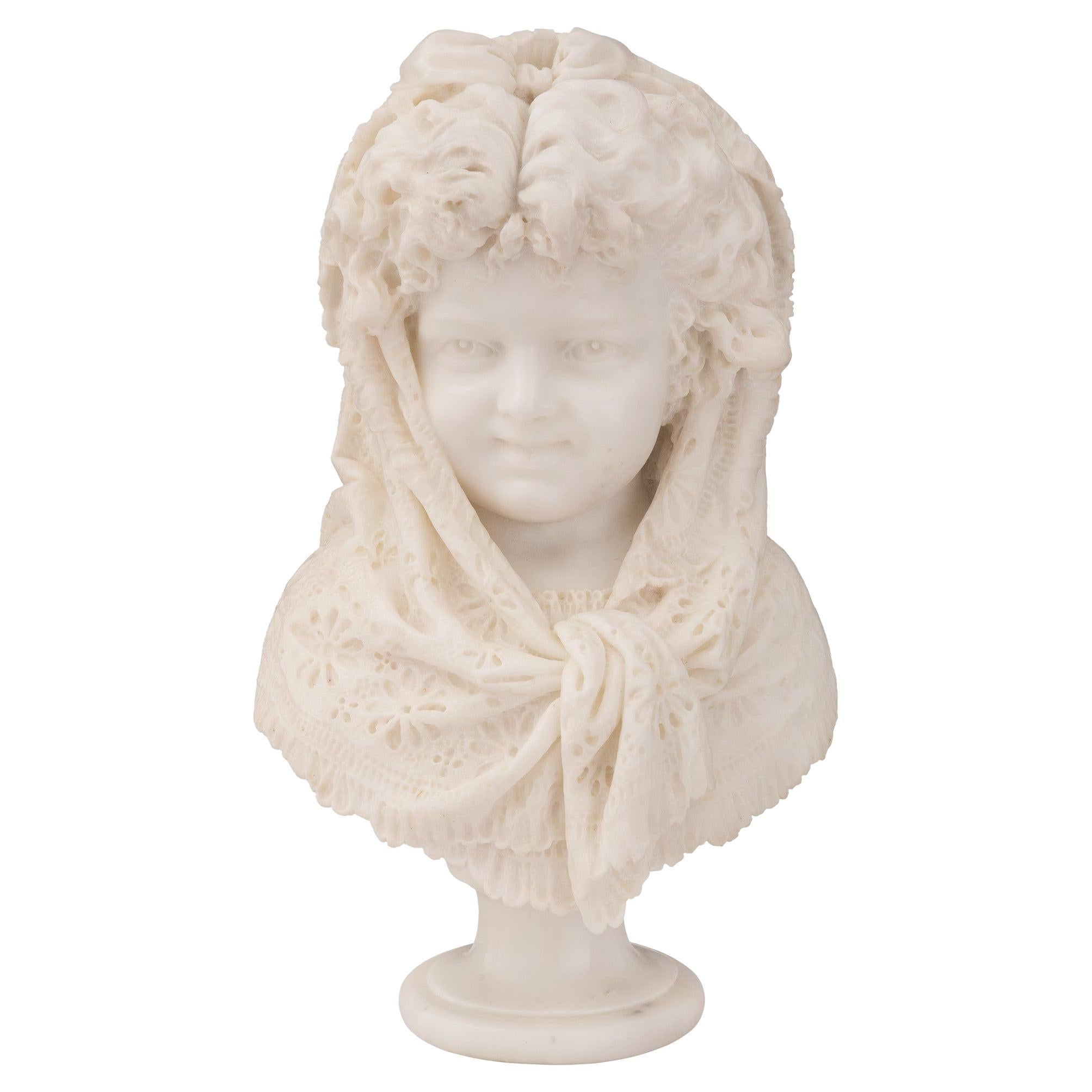 French 19th Century Marble Bust of a Young Girl, Signed Zanatone Milano