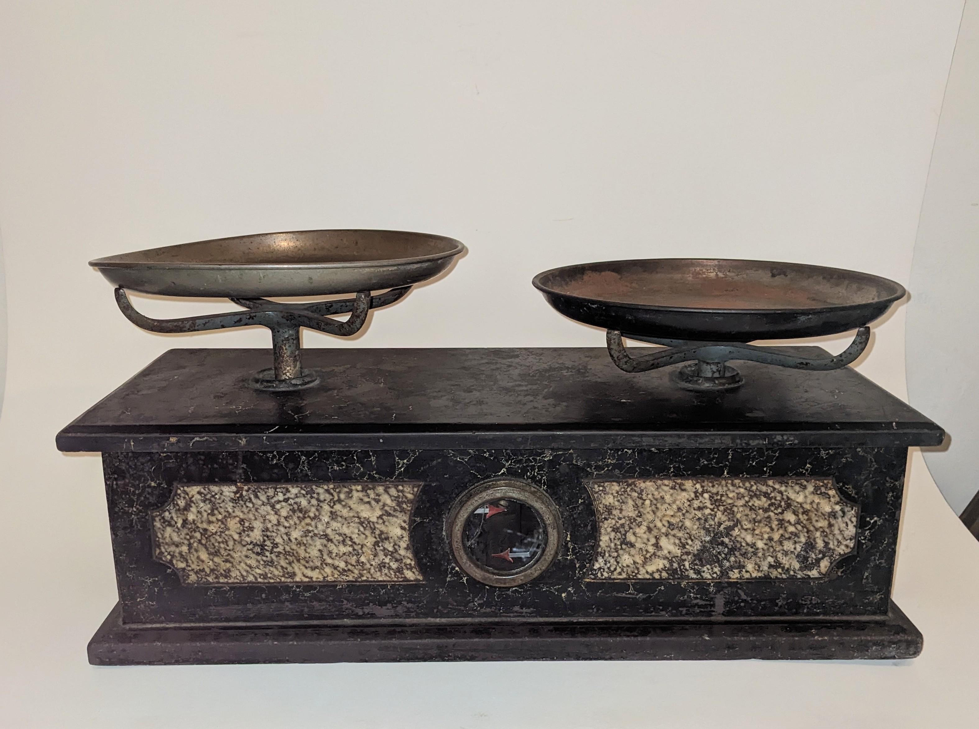 Charming 19th Century Culinary Marble Scale from the late 1880's. 2 toned marble with original dishes. Likely of French origin. Dishes 9
