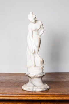 French 19th Century Marble Sculpture of a Nymph after the Bath on Pedestal