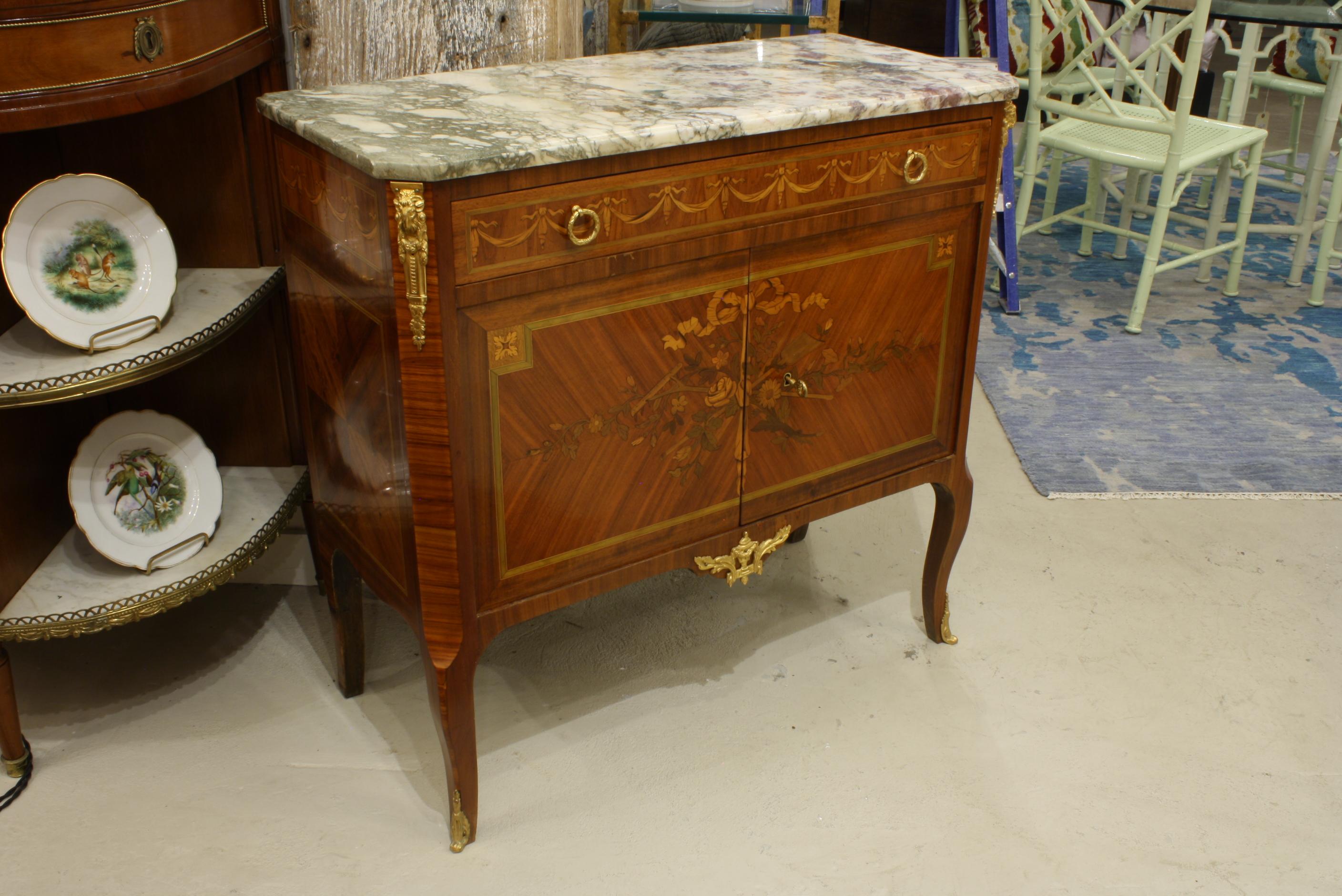 Stained French 19th Century Marquetry Commode with Marble Top
