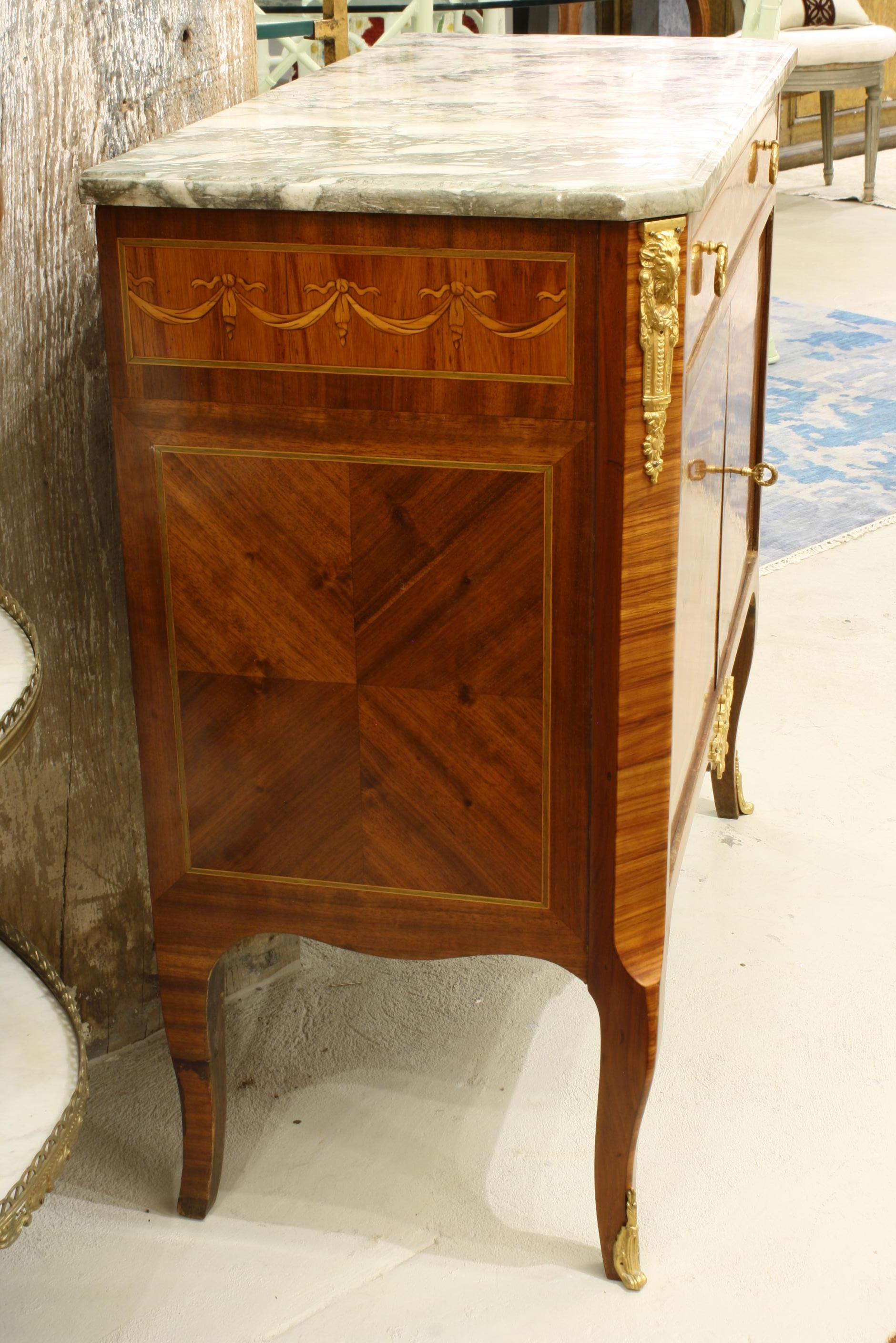 French 19th Century Marquetry Commode with Marble Top In Good Condition In Pembroke, MA