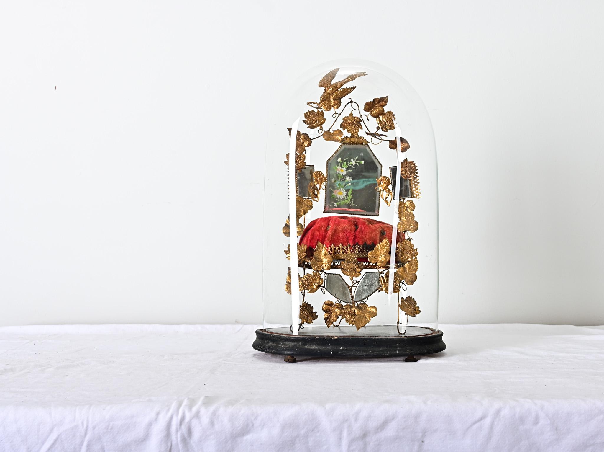 French 19th century handcrafted bridal, wedding, or marriage dome on stand. The uniquely 19th century (Victorian period) tradition of a “globe de Mariée” involved a glass cloche or dome for newlywed couples to display and preserve mementos from