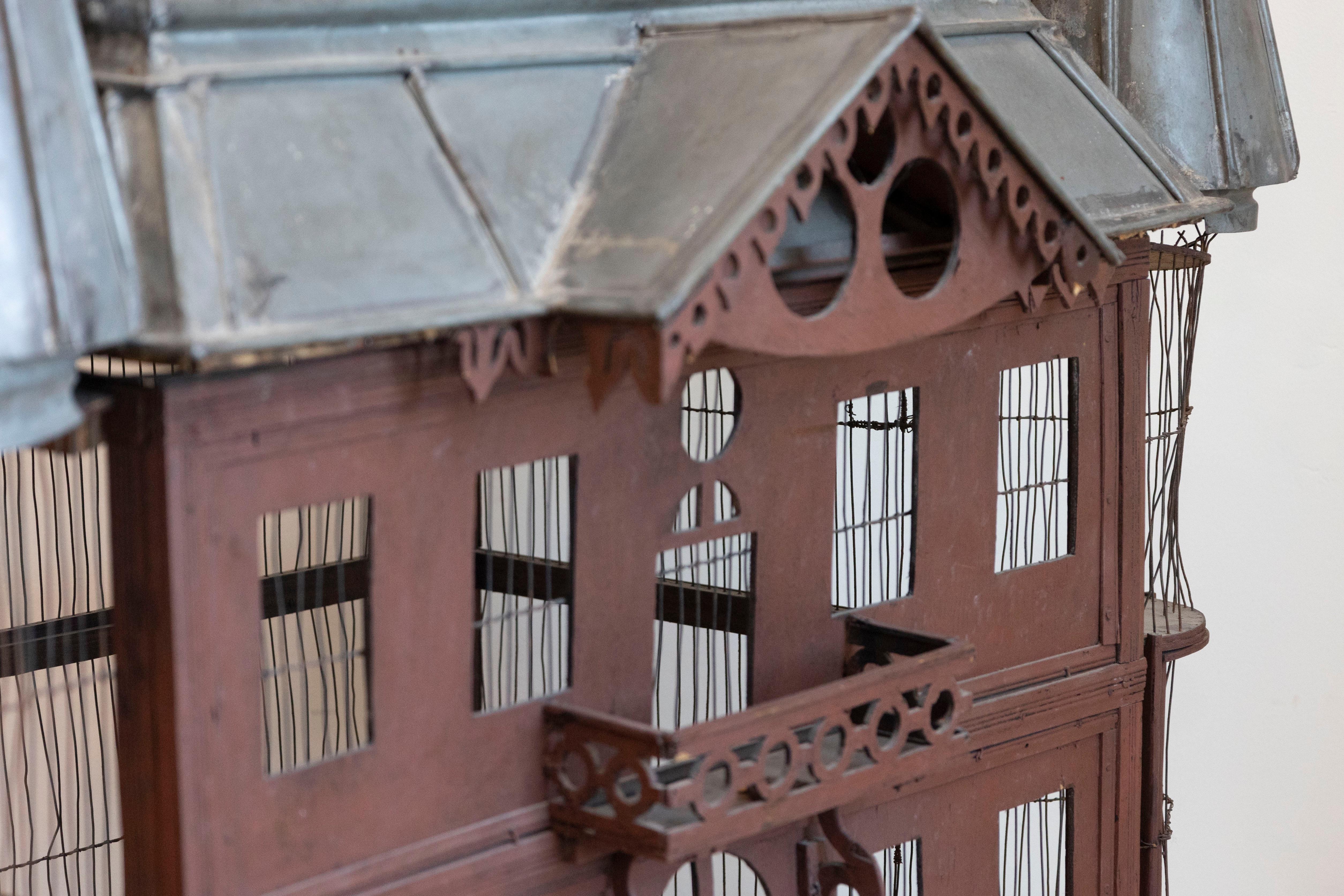 French 19th Century Medieval Château Pewter and Wood Birdcage with Turrets For Sale 7