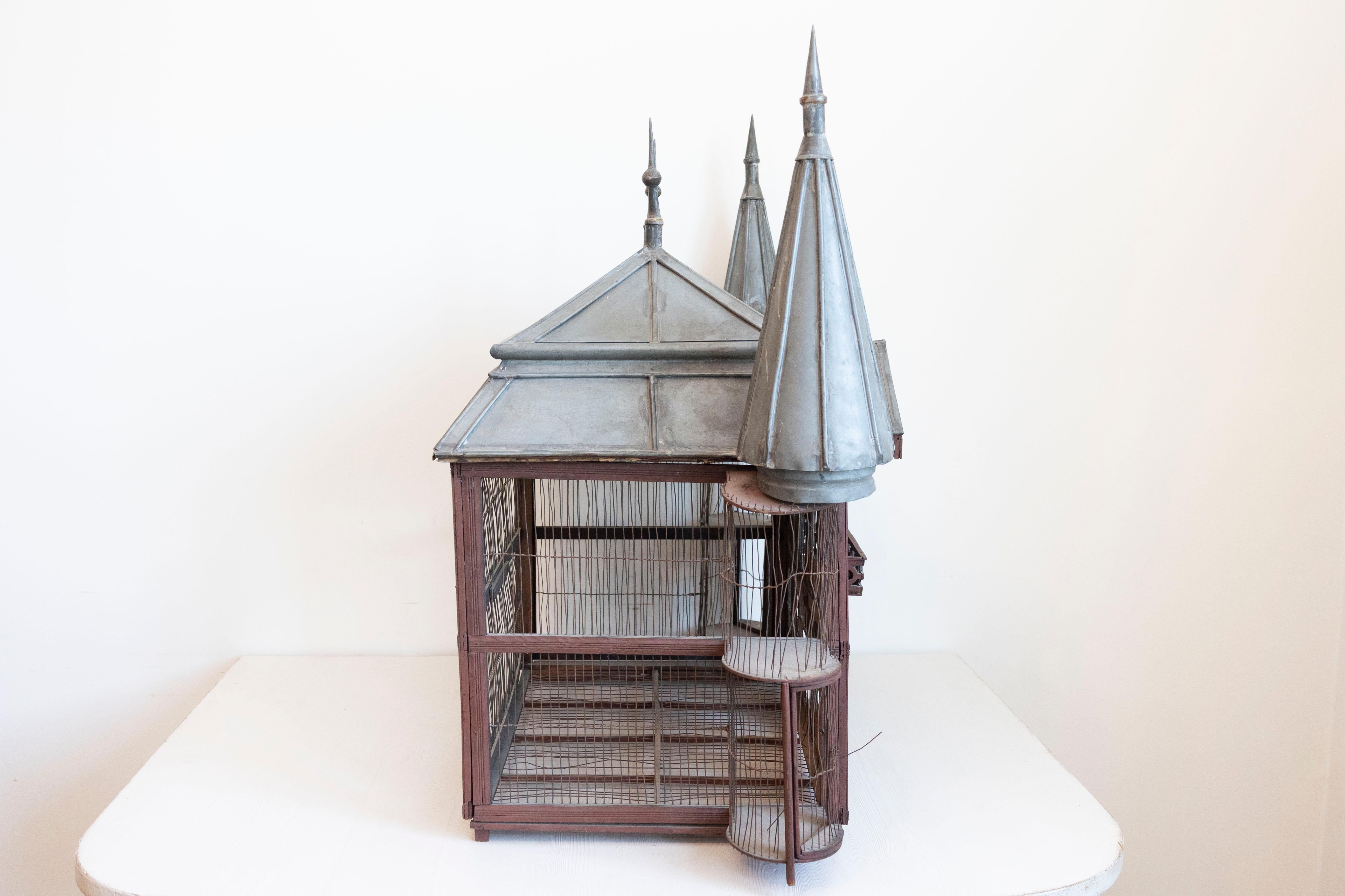 French 19th Century Medieval Château Pewter and Wood Birdcage with Turrets For Sale 8