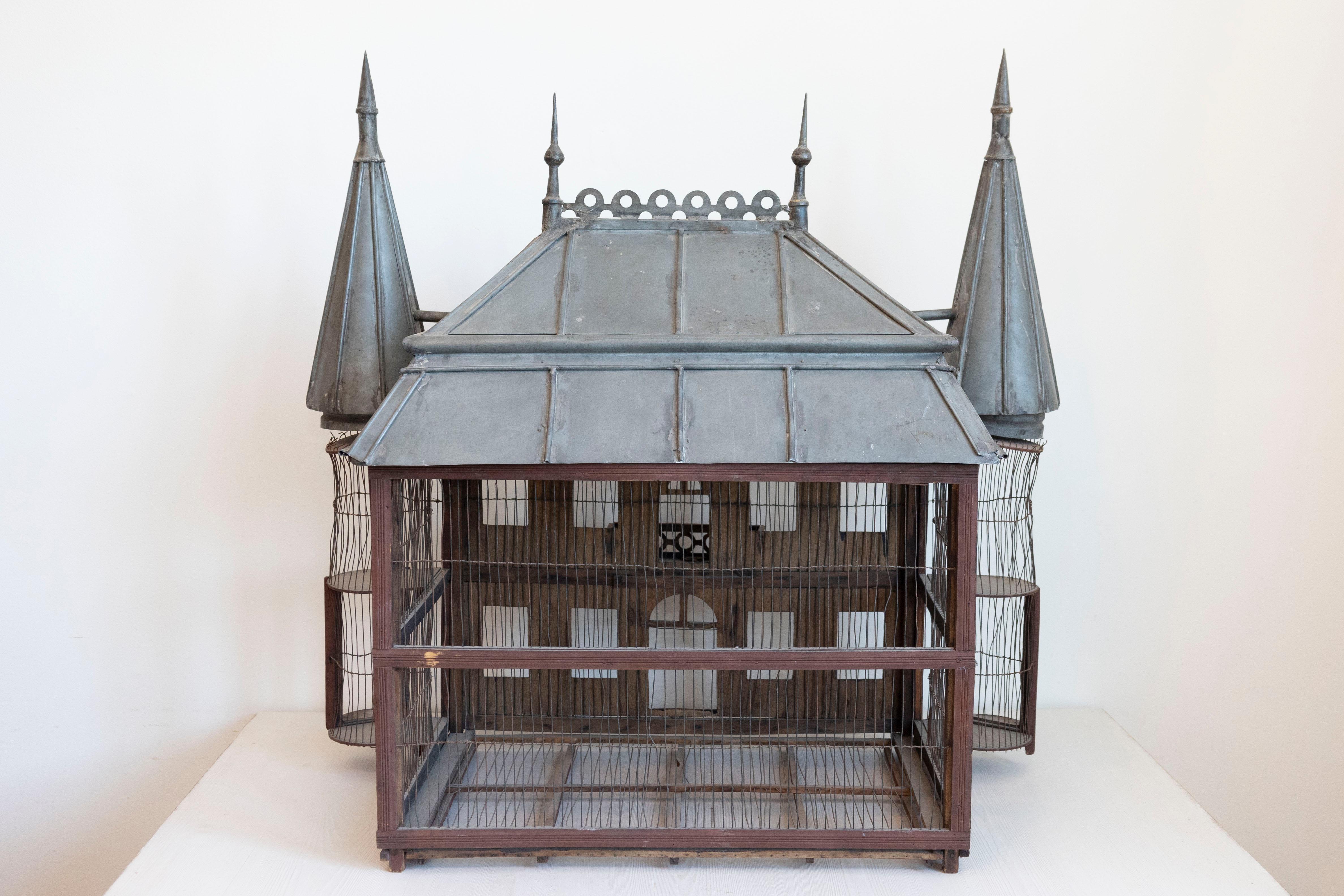 French 19th Century Medieval Château Pewter and Wood Birdcage with Turrets For Sale 9