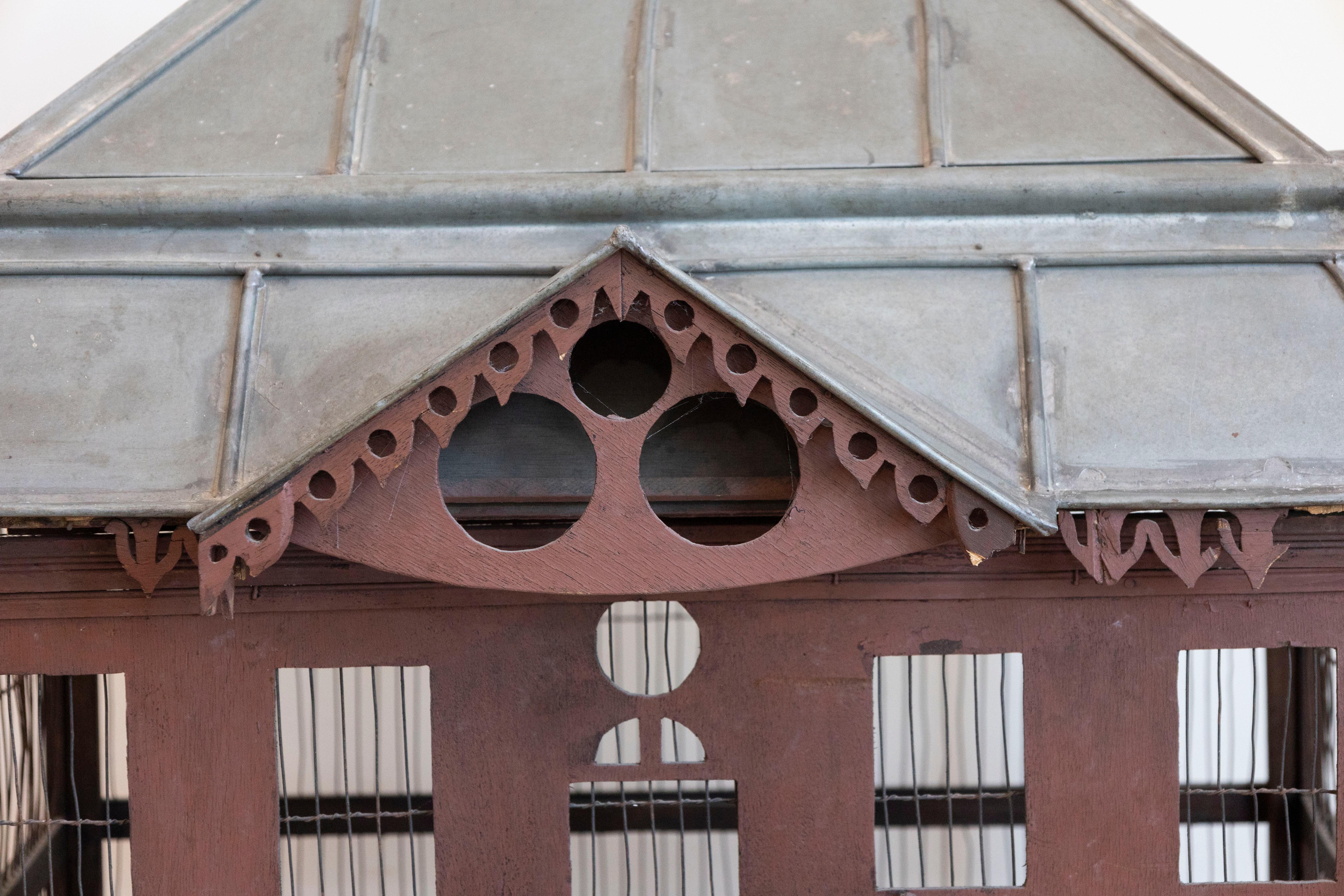 French 19th Century Medieval Château Pewter and Wood Birdcage with Turrets In Good Condition For Sale In Atlanta, GA