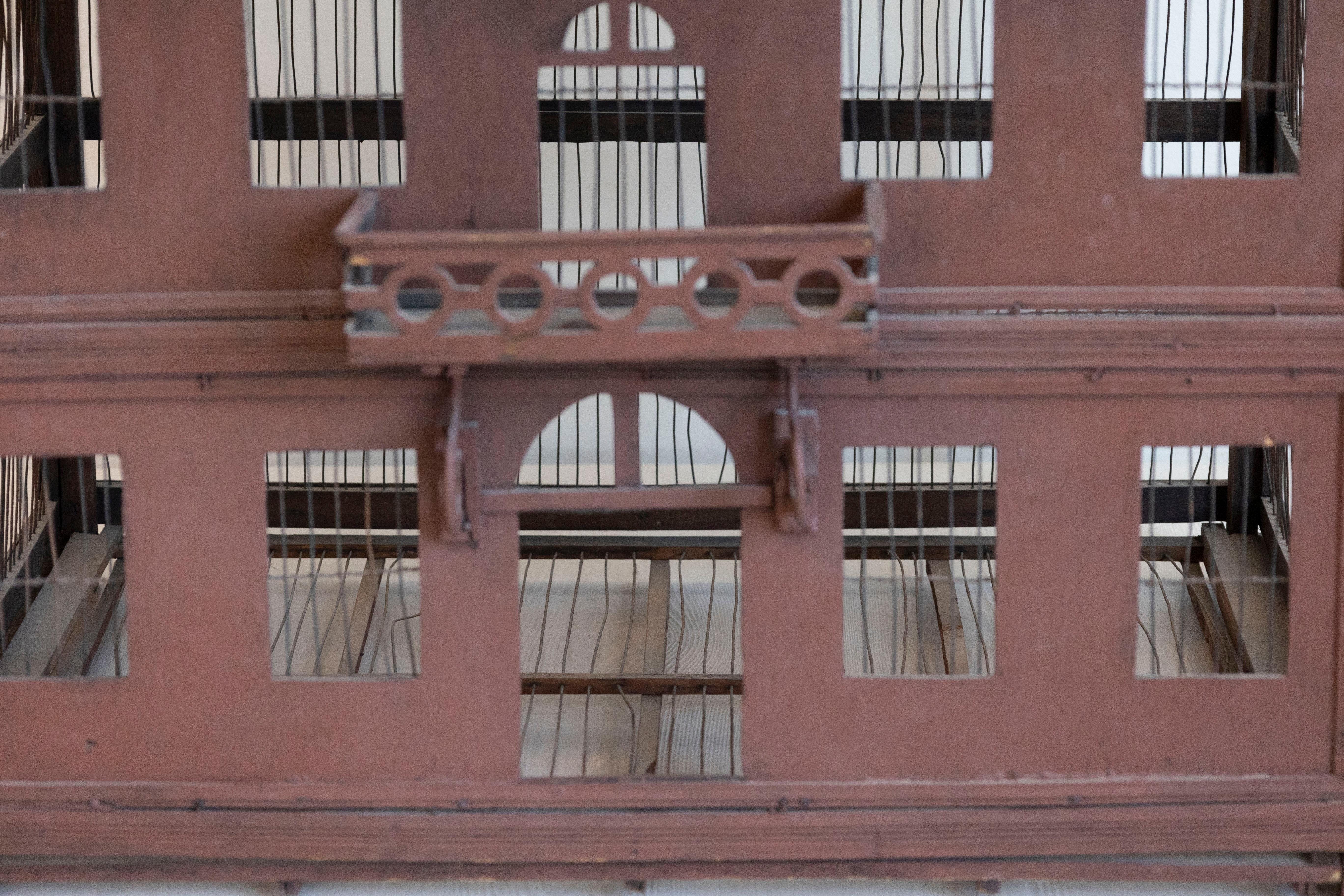 French 19th Century Medieval Château Pewter and Wood Birdcage with Turrets For Sale 1