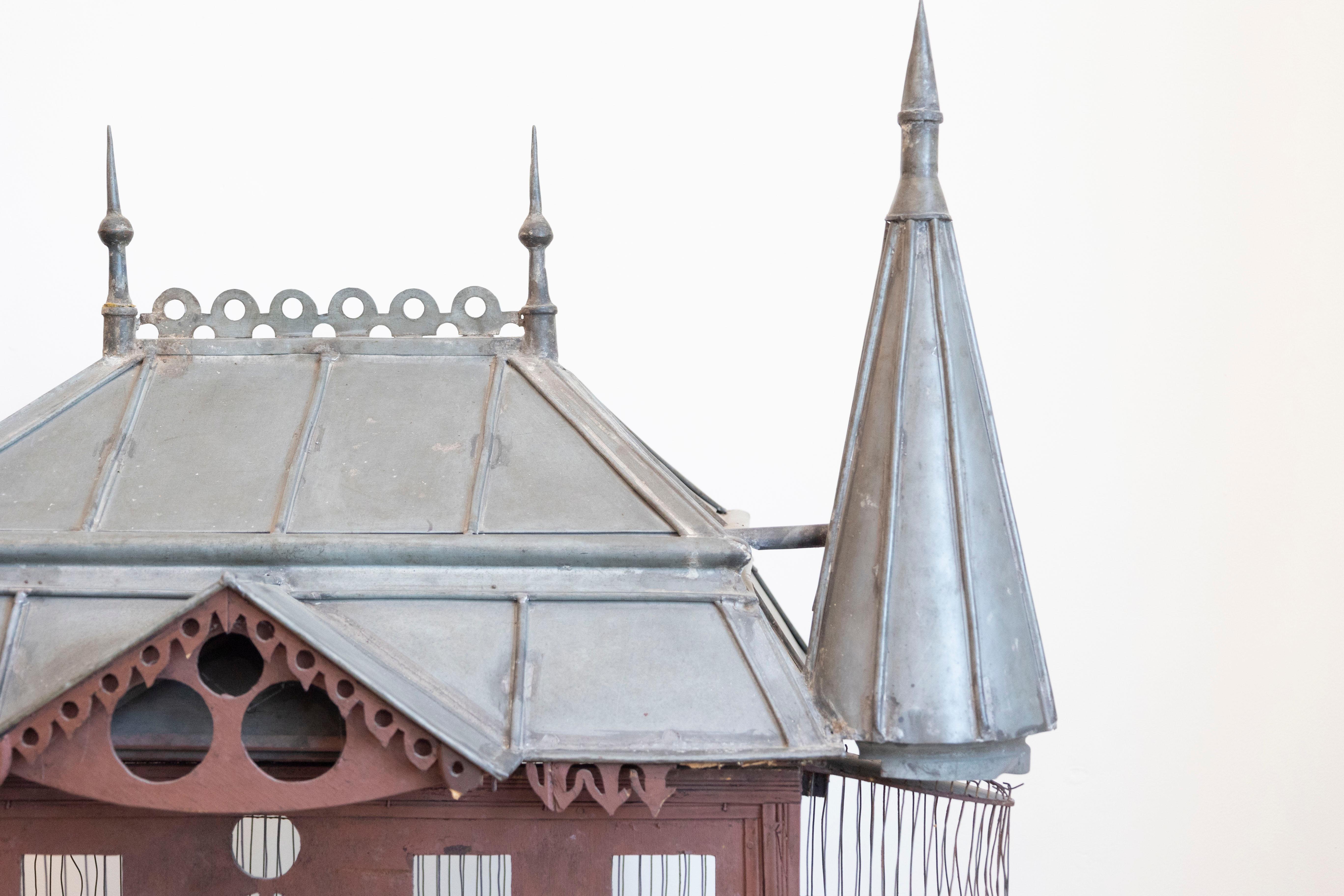 French 19th Century Medieval Château Pewter and Wood Birdcage with Turrets For Sale 2