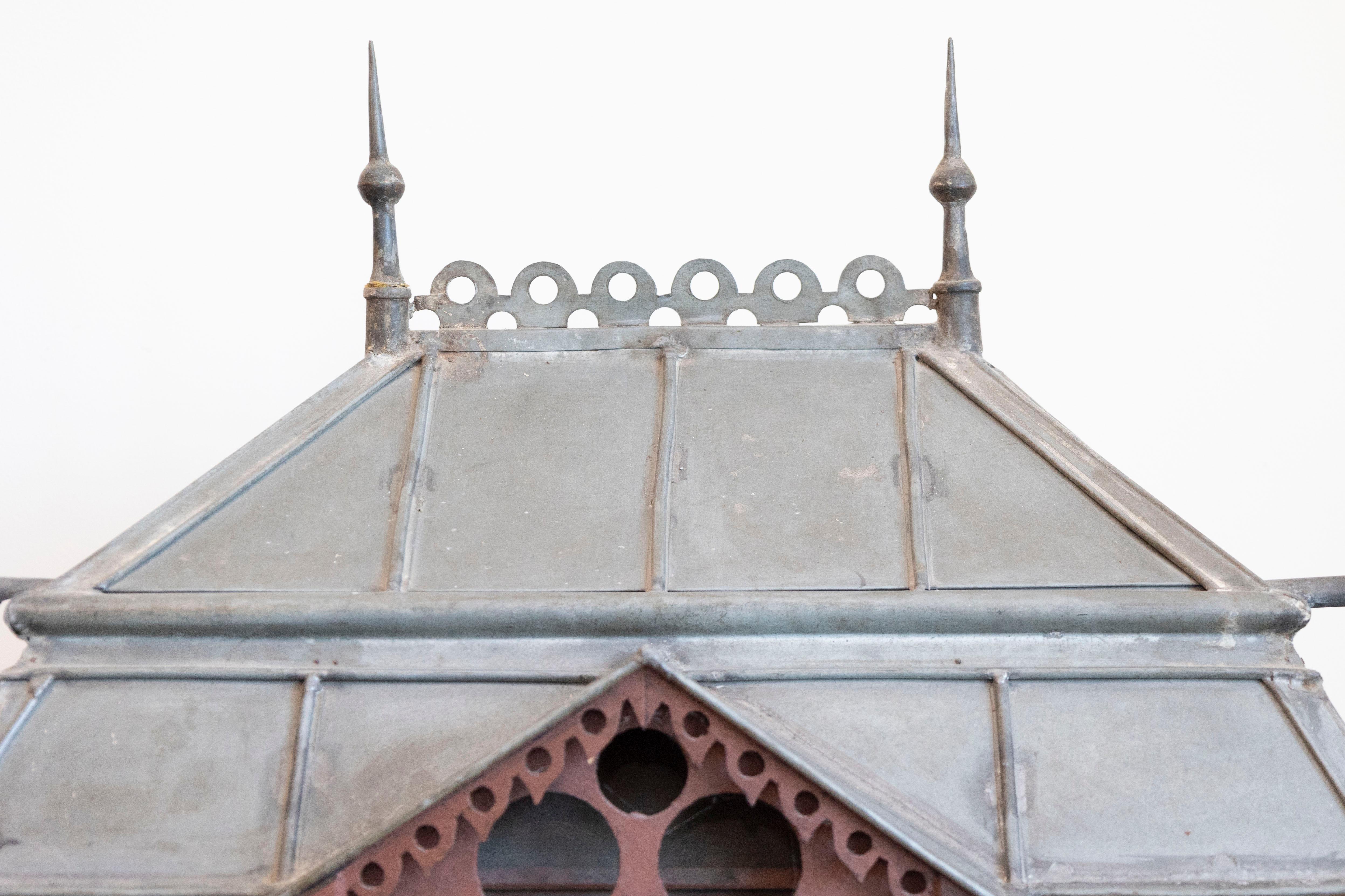 French 19th Century Medieval Château Pewter and Wood Birdcage with Turrets For Sale 3