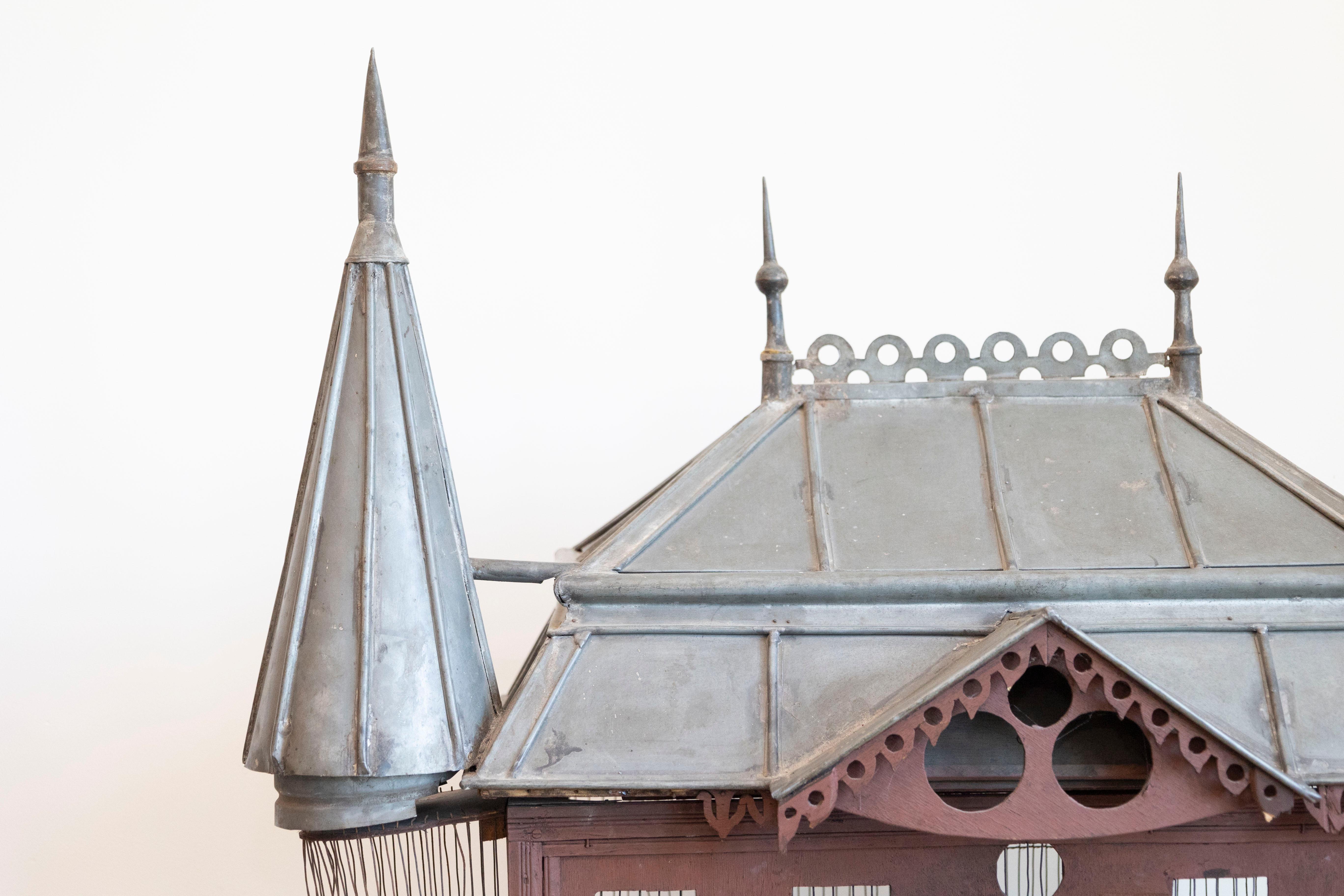 French 19th Century Medieval Château Pewter and Wood Birdcage with Turrets For Sale 4