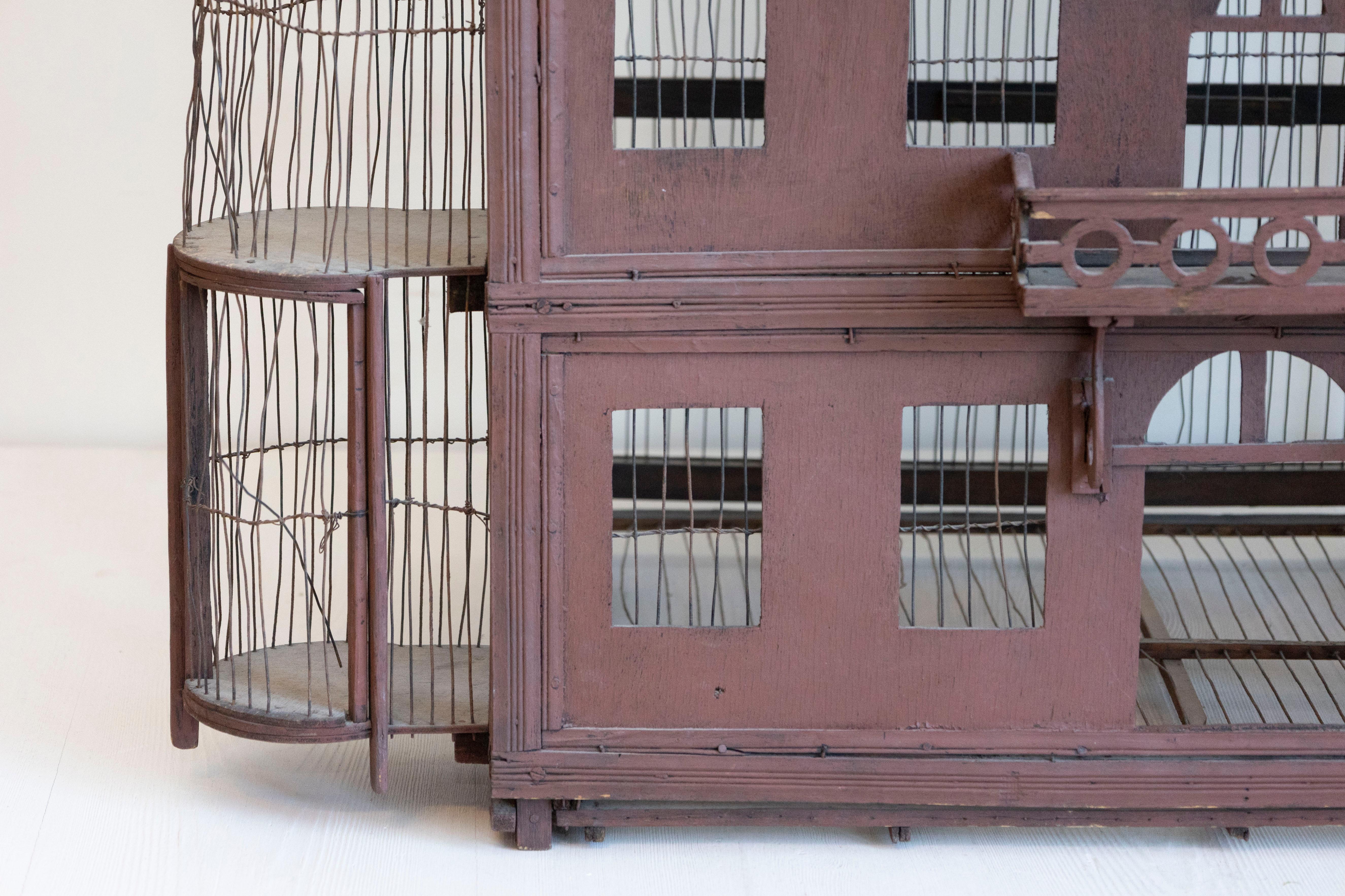 French 19th Century Medieval Château Pewter and Wood Birdcage with Turrets For Sale 5