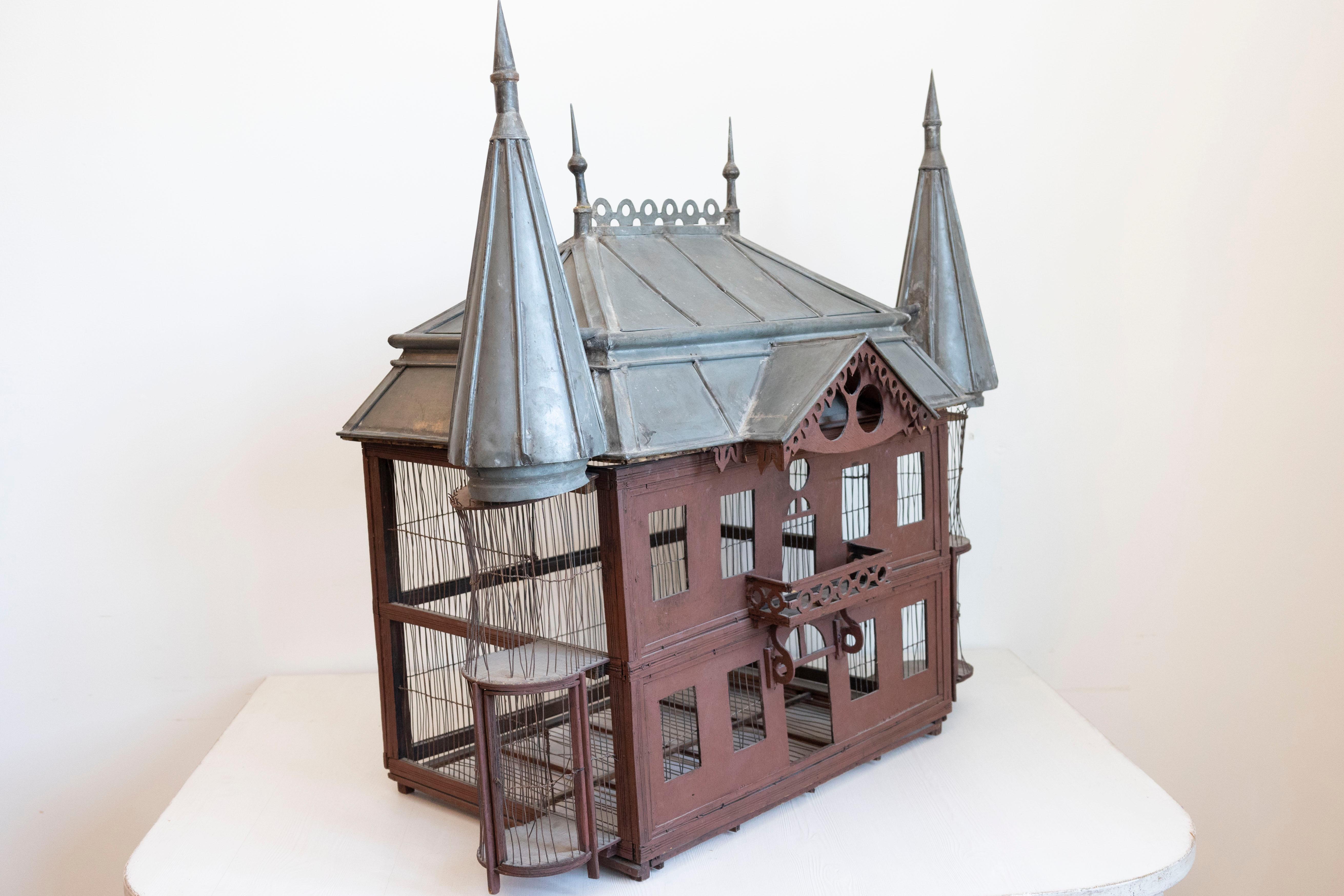 French 19th Century Medieval Château Pewter and Wood Birdcage with Turrets For Sale 6