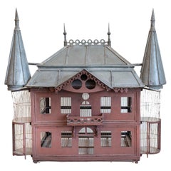 French 19th Century Medieval Château Pewter and Wood Birdcage with Turrets
