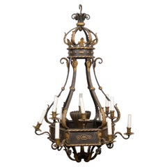Lustre Crown of Light en métal français du 19e siècle à 12 lumières avec accents dorés