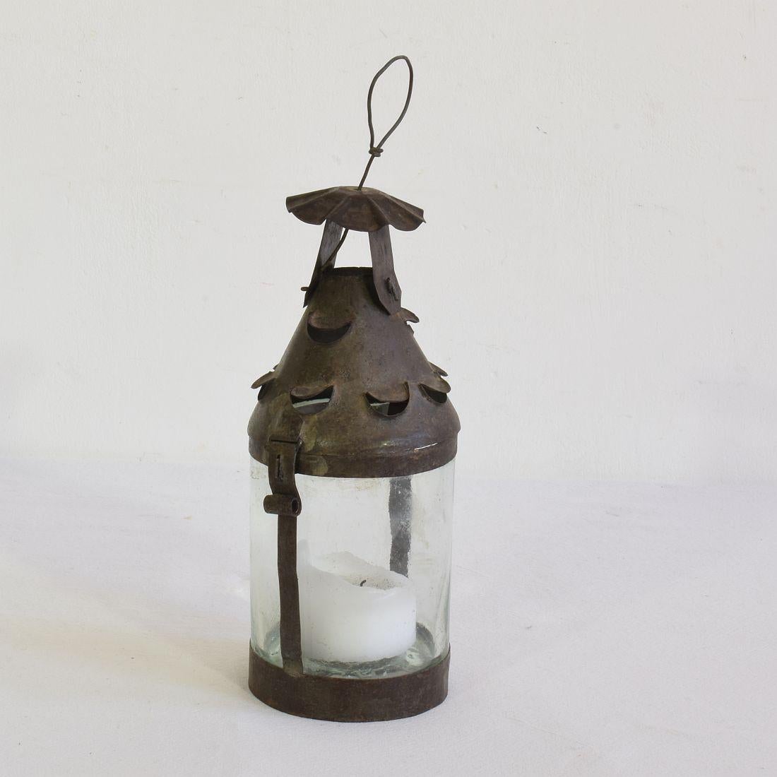 Very rare small folk art lantern, France, circa 1850-1900.
Made from a part of a glass Evian water bottle and iron.
Beautiful weathered.



