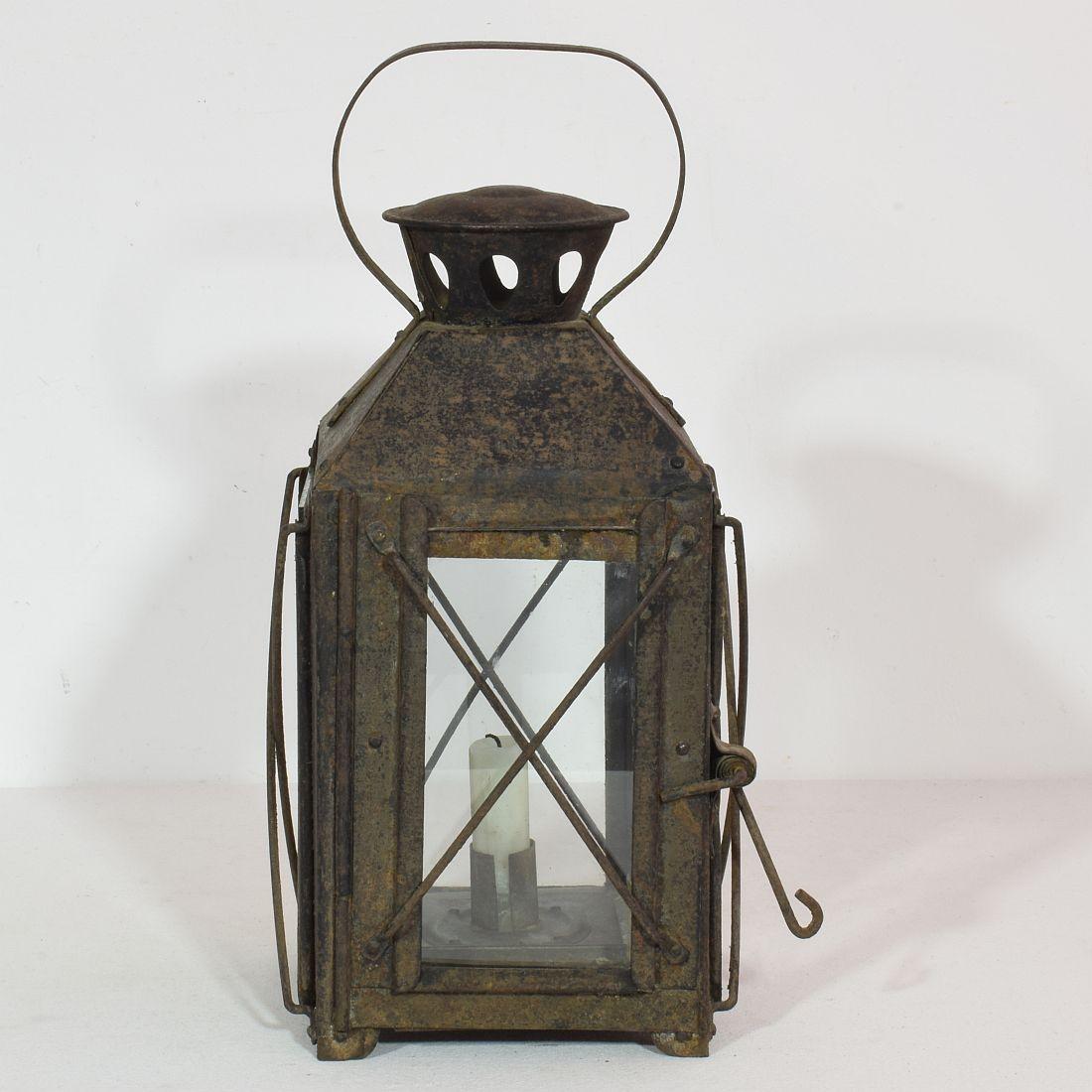 Beautiful and rare metal lantern, France, 19th century. Weathered. Glass once replaced.