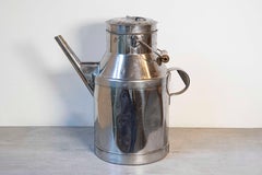 French 19th Century Metal Milk Can with Long Spout and Wooden Handle