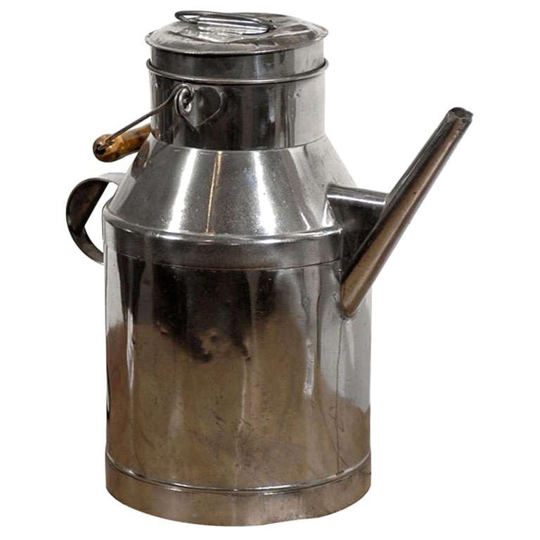 French 19th Century Metal Milk Can with Long Spout and Wooden Handle For Sale