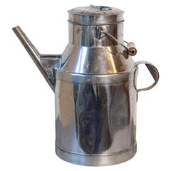Antique French 19th Century Metal Milk Can with Long Spout and Wooden Handle