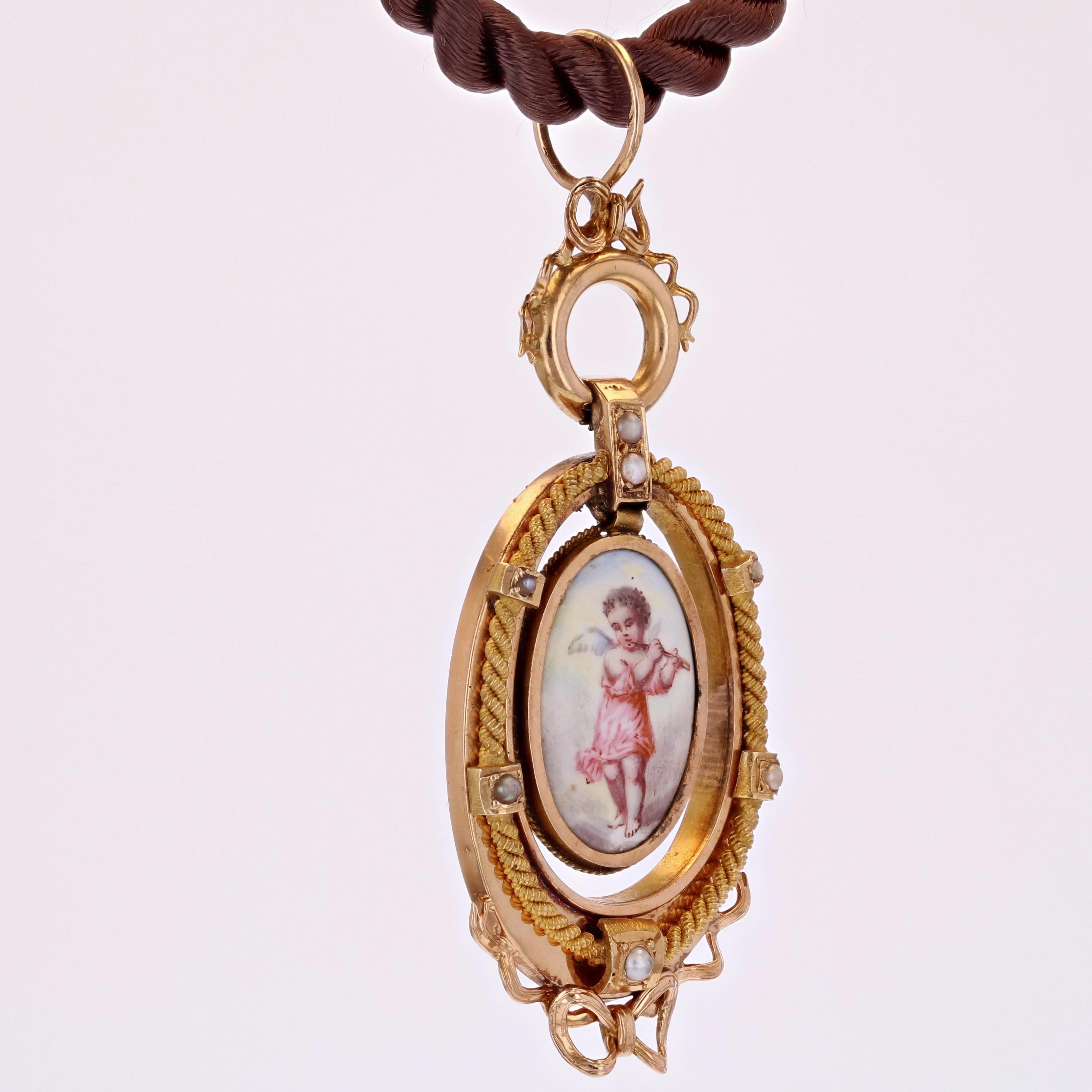 French 19th Century Miniature Fine Pearl 18 K Rose Gold Pendant In Good Condition For Sale In Poitiers, FR