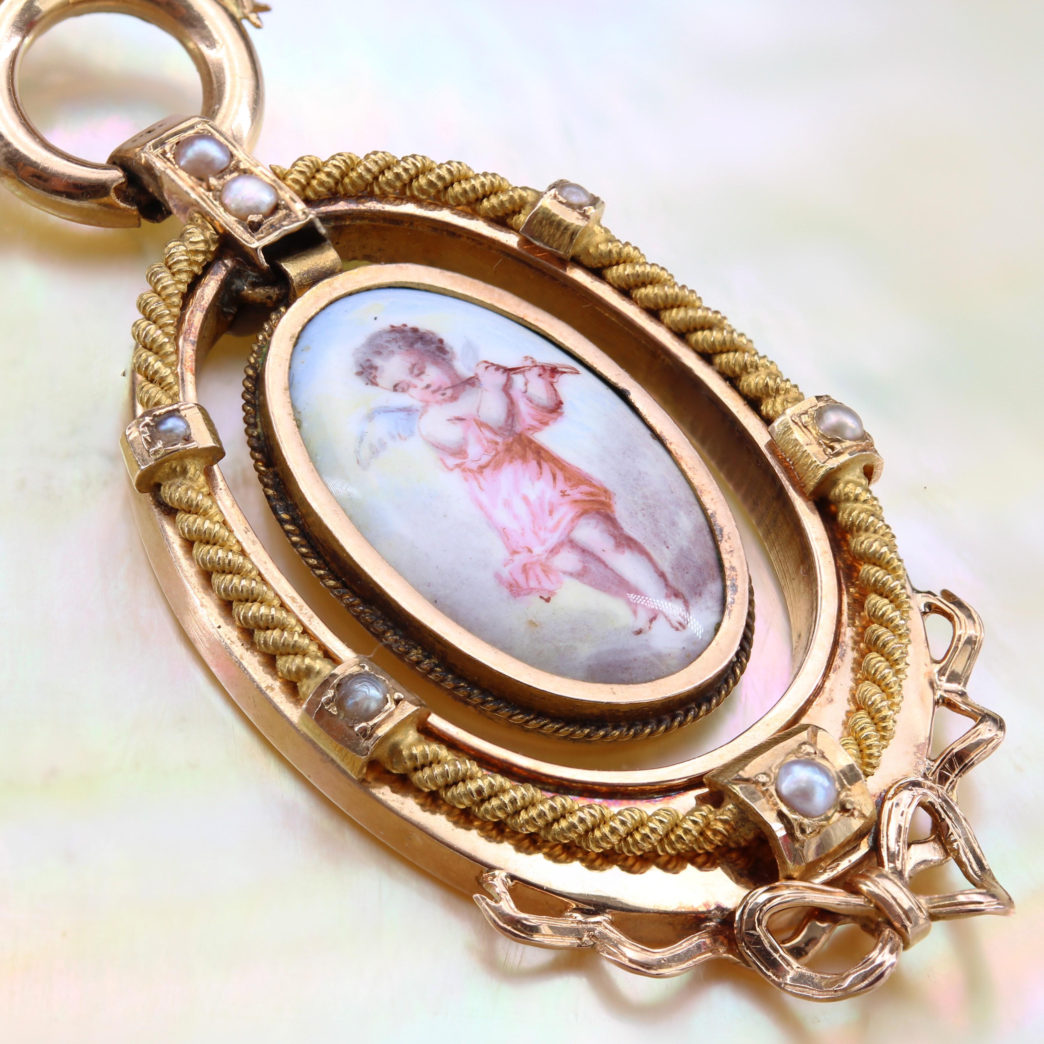 Pendentif en or rose 18 K, miniature de perle fine française du 19e siècle en vente 1