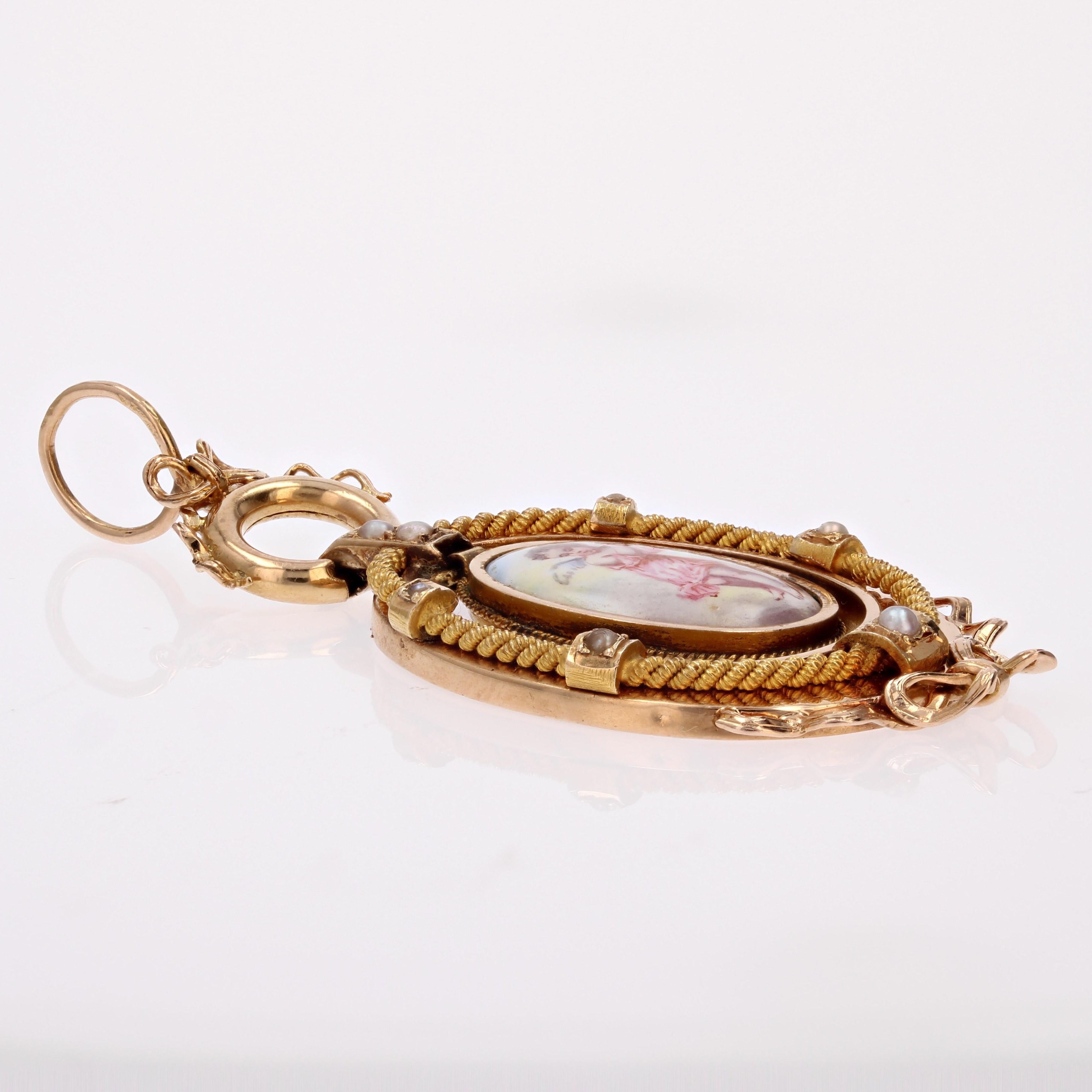 French 19th Century Miniature Fine Pearl 18 K Rose Gold Pendant For Sale 2