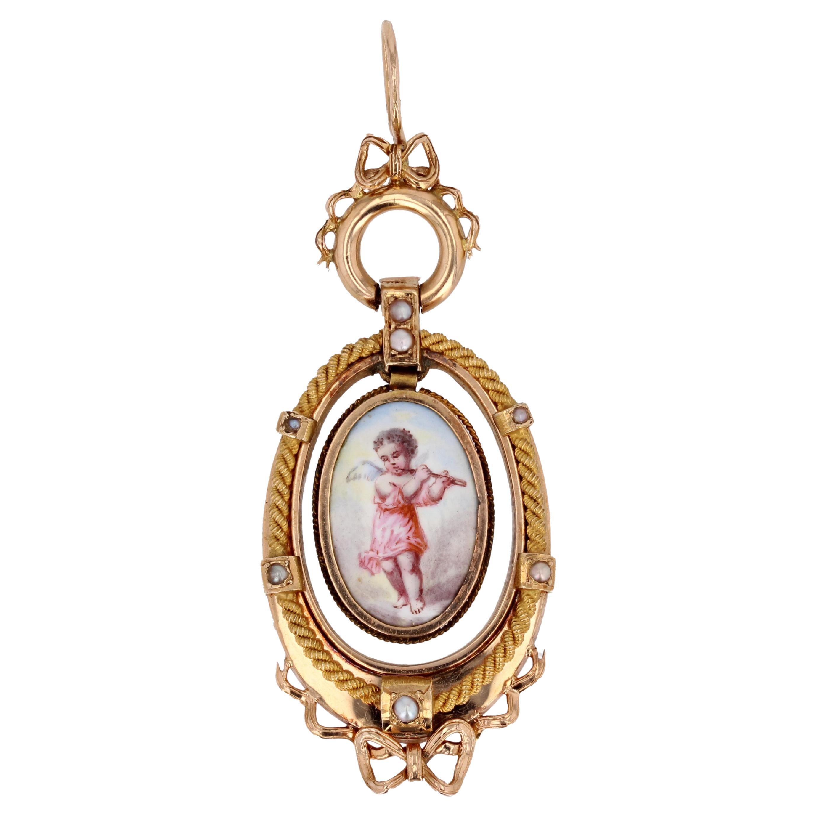 French 19th Century Miniature Fine Pearl 18 K Rose Gold Pendant For Sale
