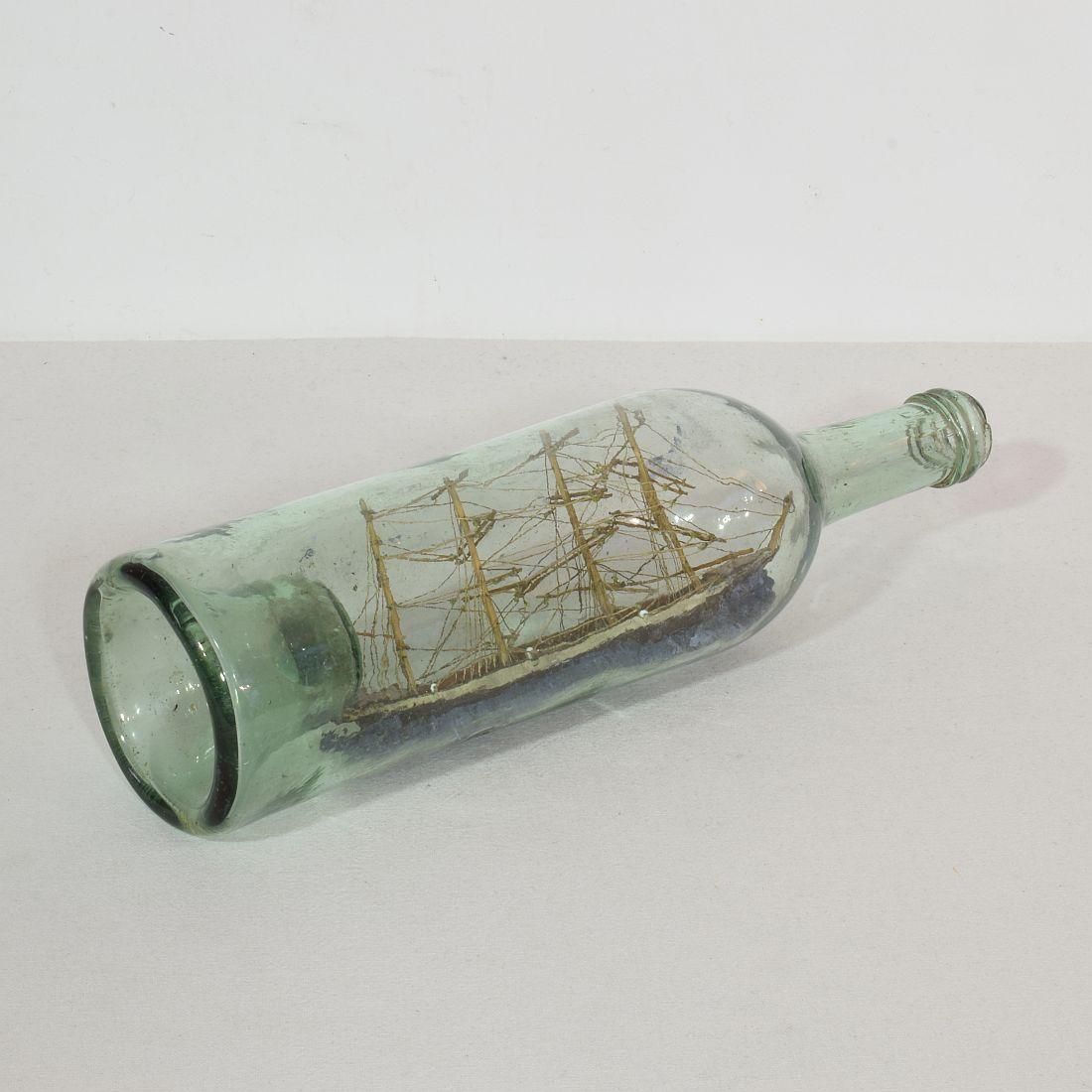 Folk Art French, 19th Century, Model Ship in a Glass Bottle