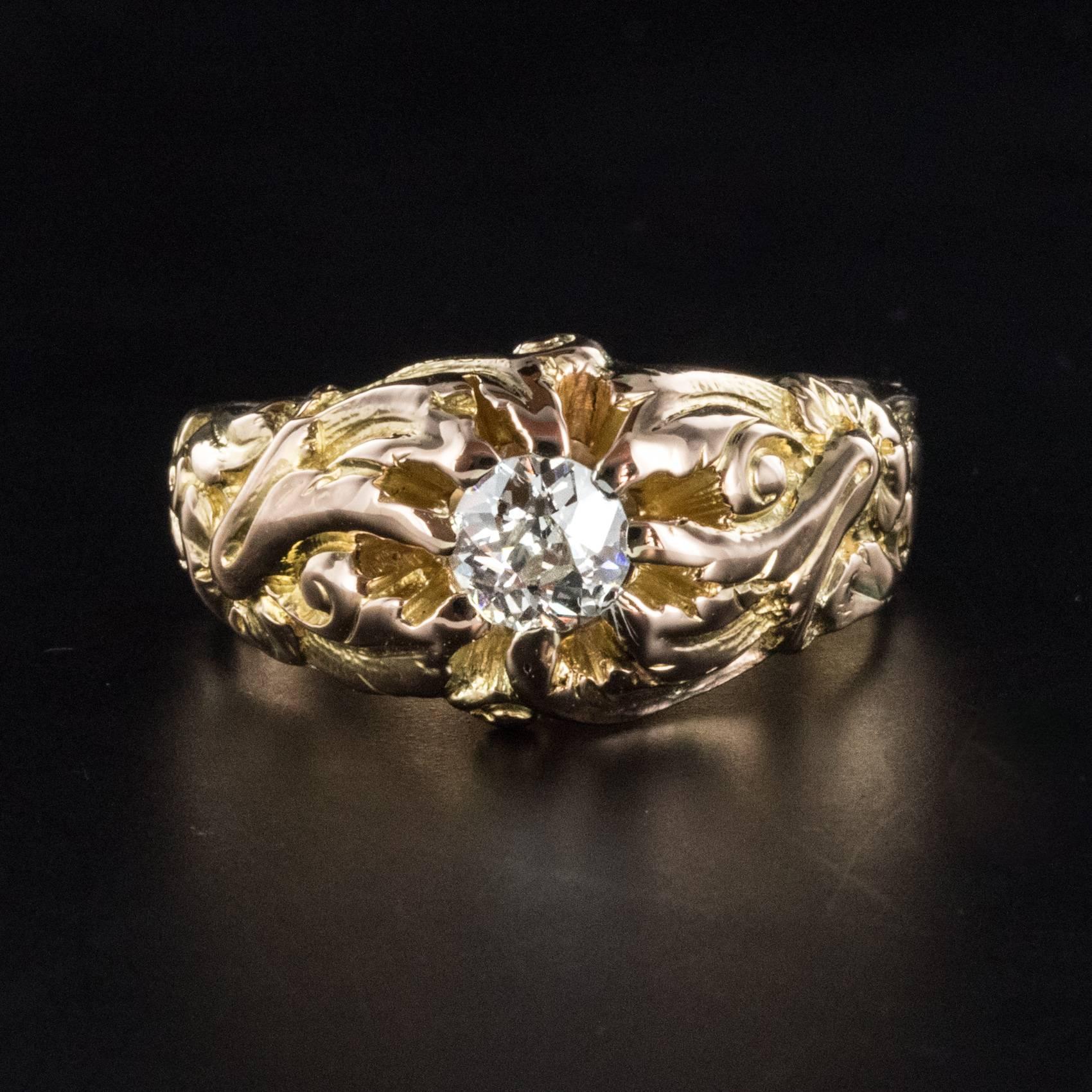 French 19th Century Napoleon 3 18 Karat Rose Gold 0.60 Carat Diamond Man Ring In New Condition In Poitiers, FR