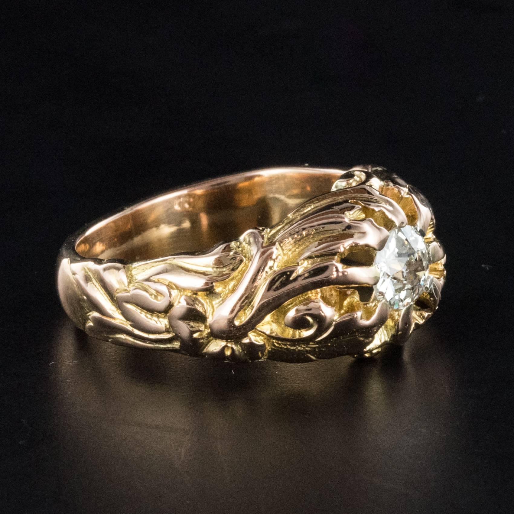 French 19th Century Napoleon 3 18 Karat Rose Gold 0.60 Carat Diamond Man Ring 1