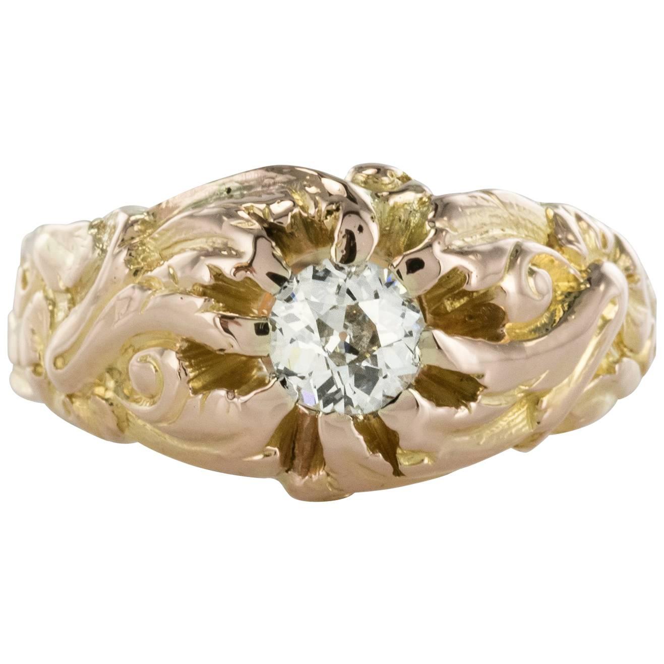 French 19th Century Napoleon 3 18 Karat Rose Gold 0.60 Carat Diamond Man Ring