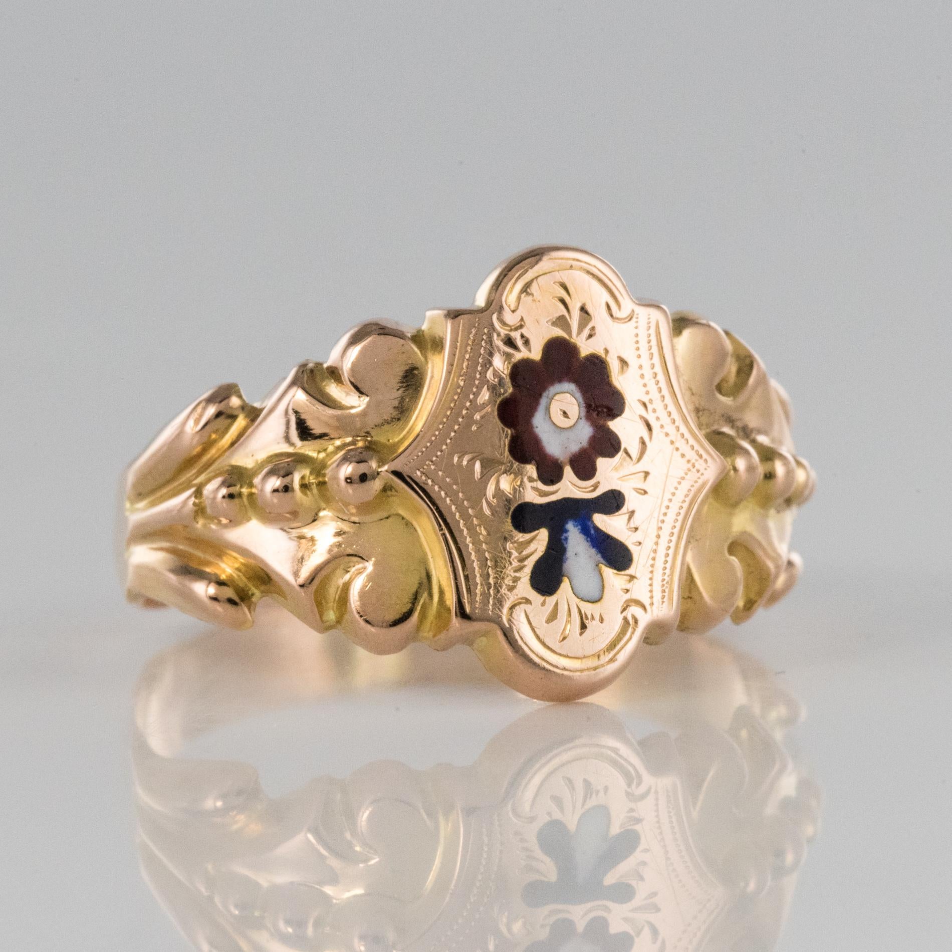 French 19th Century Napoleon 3 Enamelled 18 Karat Rose Gold Unisex Ring 7